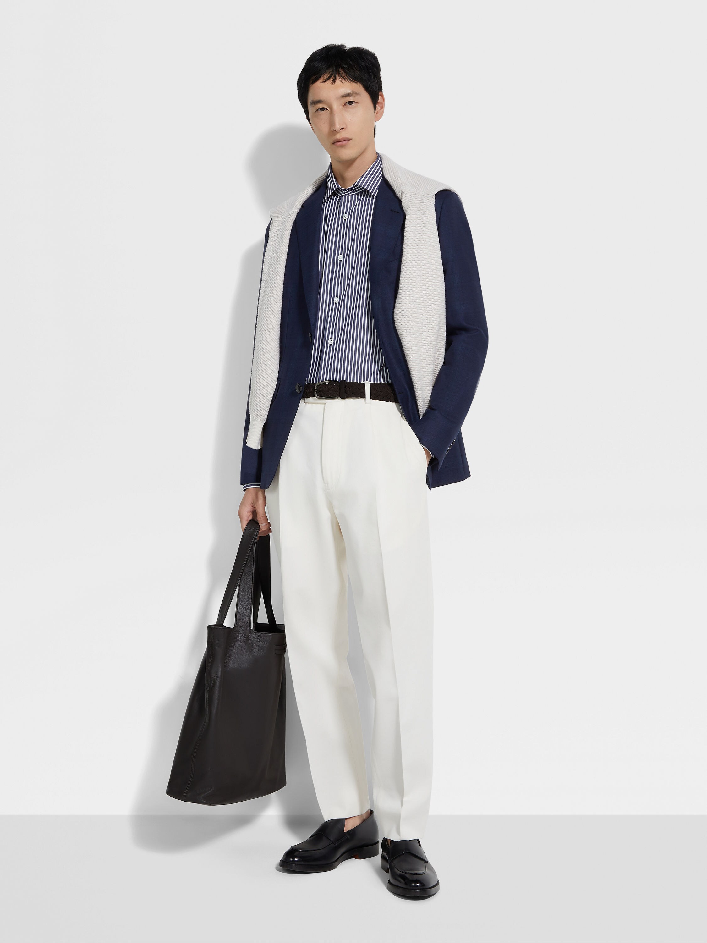 蔚蓝色配白色粗条纹 Centoventimila 棉质衬衫 產品細節圖 #1