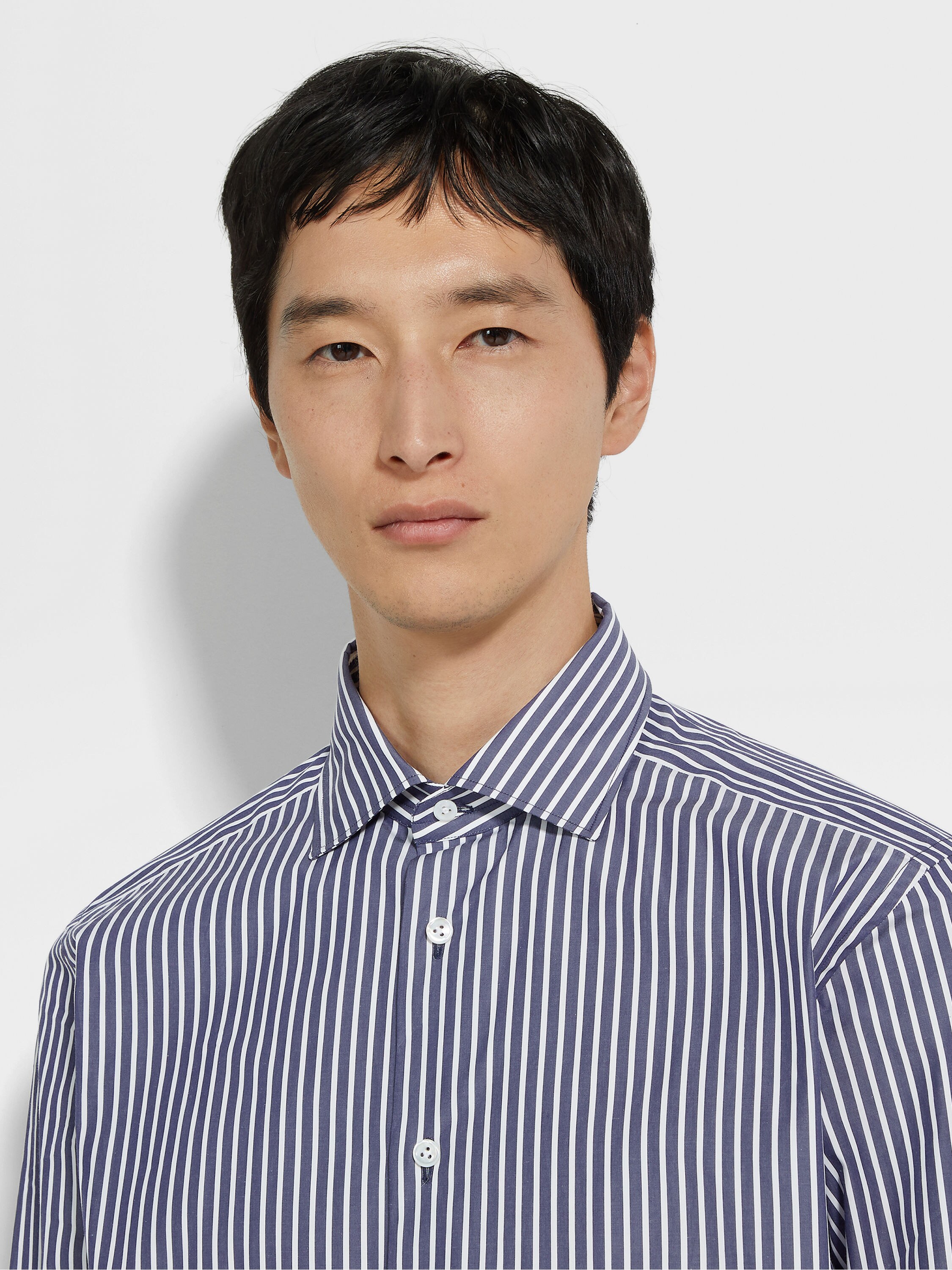 蔚蓝色配白色粗条纹 Centoventimila 棉质衬衫 產品細節圖 #2
