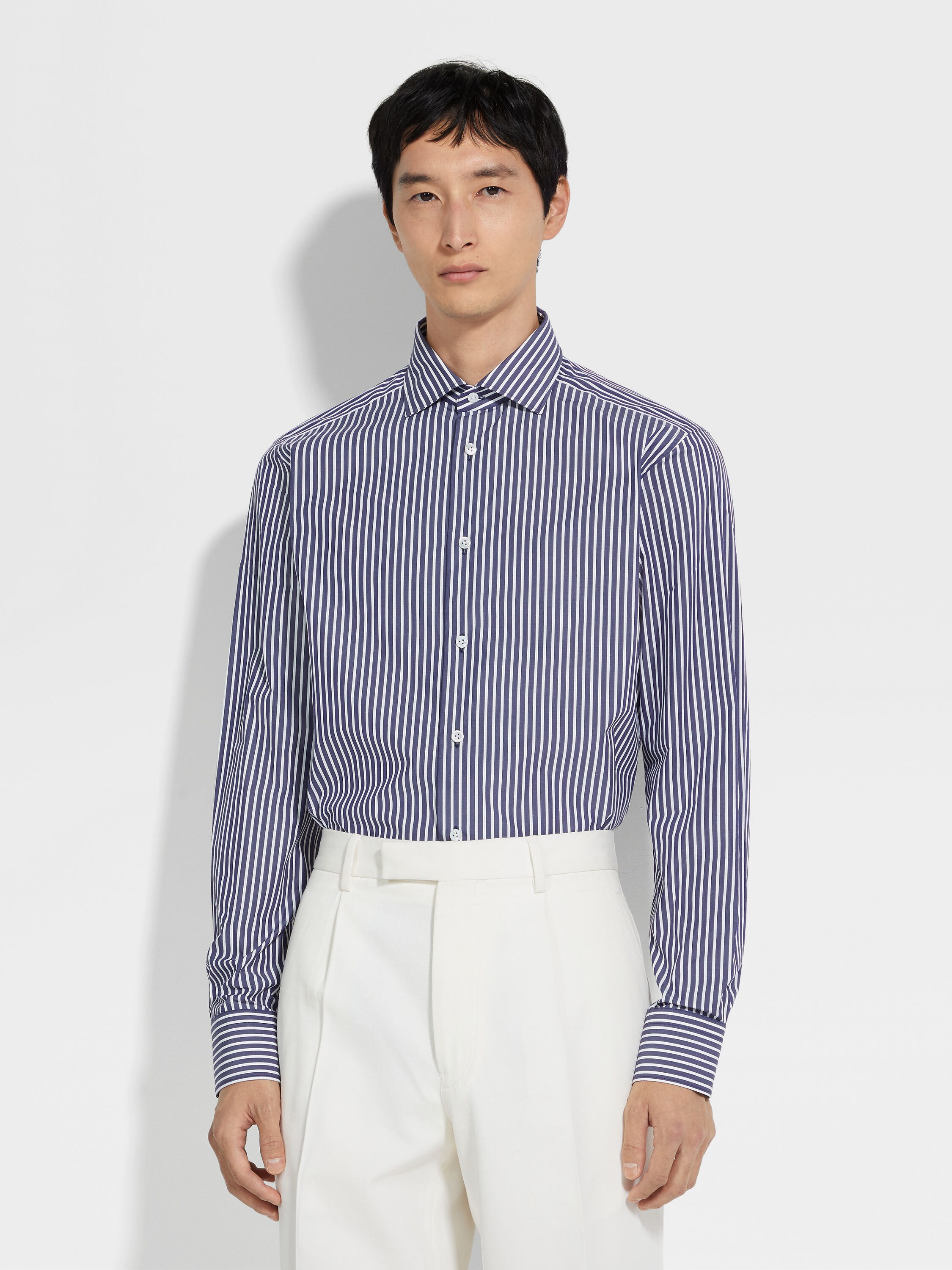 蔚蓝色配白色粗条纹 Centoventimila 棉质衬衫 產品細節圖 #3