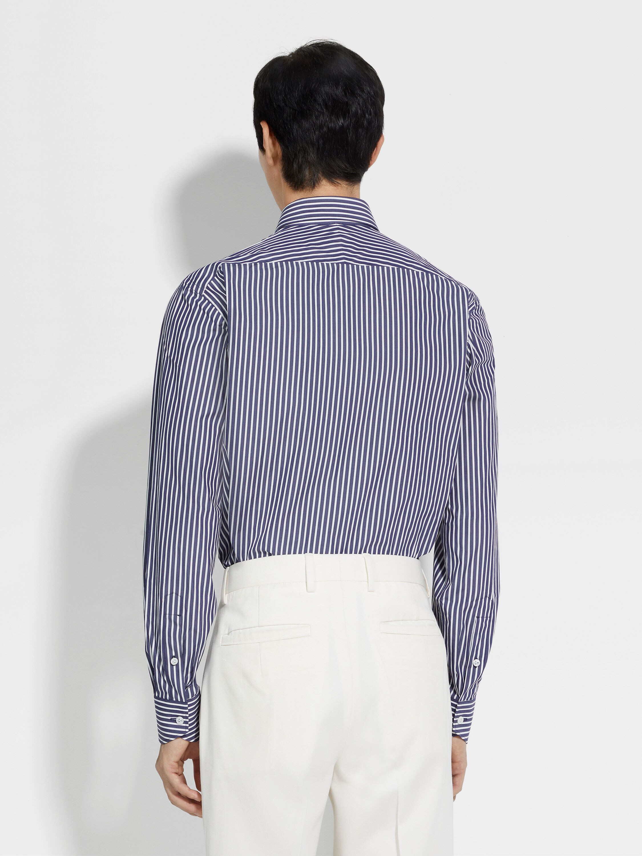 蔚蓝色配白色粗条纹 Centoventimila 棉质衬衫 產品細節圖 #4