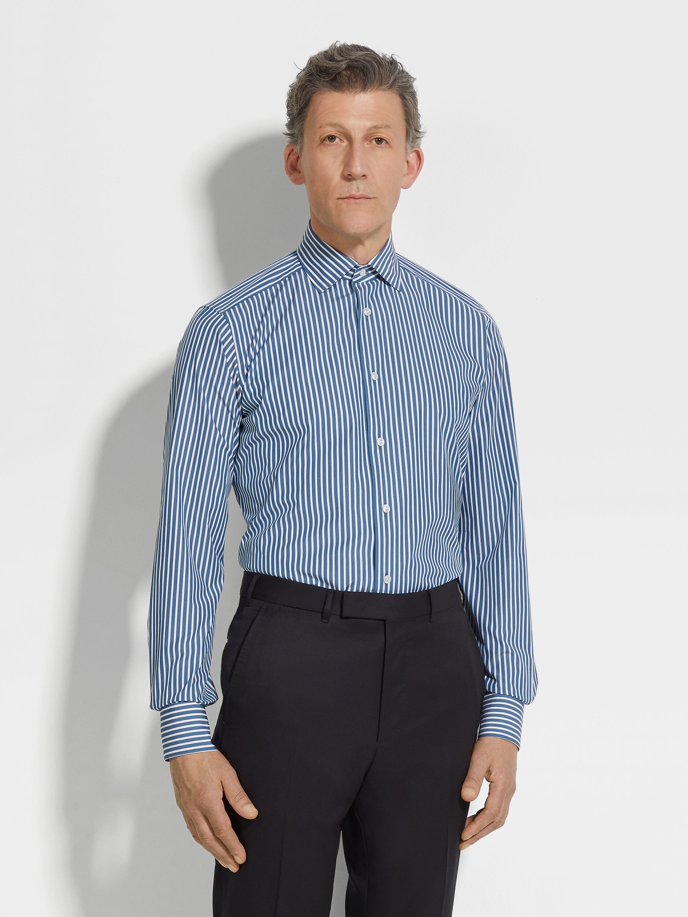 深蓝绿色配白色粗条纹 Centoventimila 棉质衬衫 產品細節圖 #2