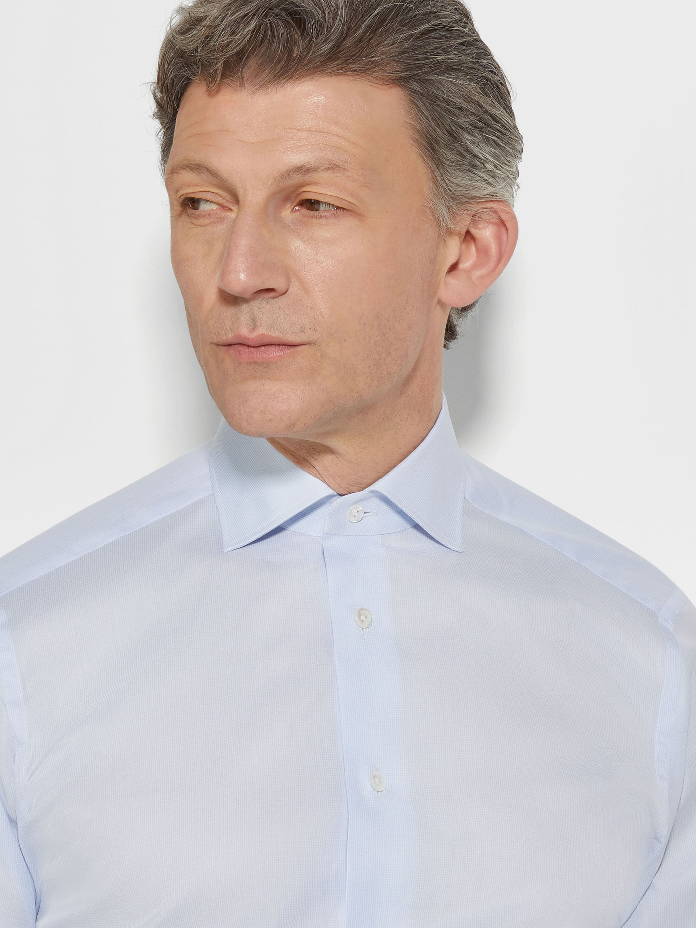 浅蓝色配白色细格纹 300 Cotton 棉质衬衫 产品细节图 #1