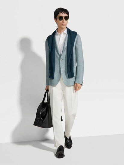 Light Teal Blue Crossover Linen Wool and Silk Blend Jacket