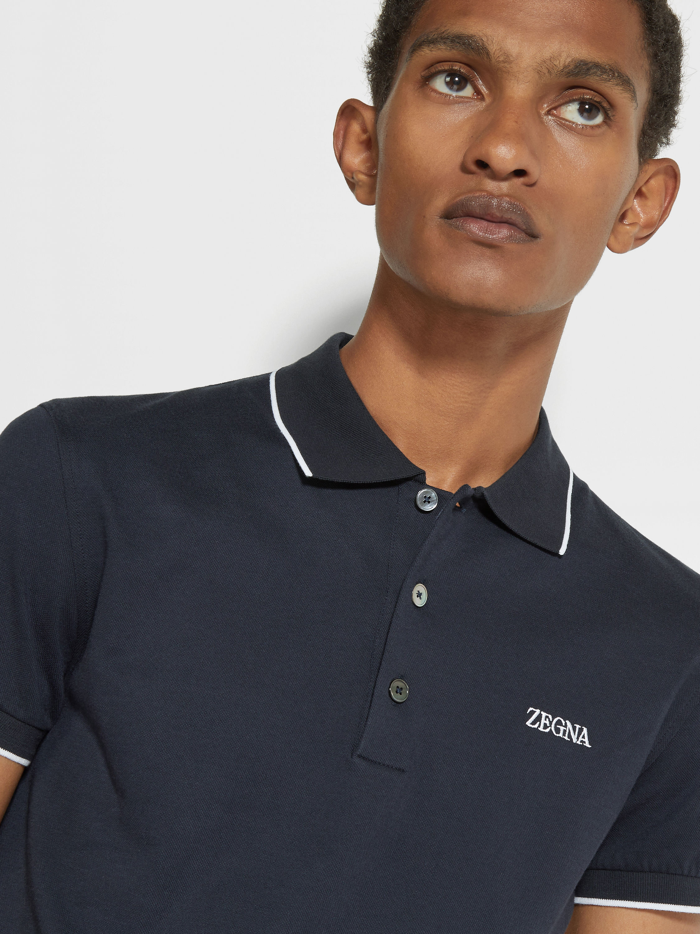 Navy Blue Stretch Cotton Polo Shirt Product detail photo #1