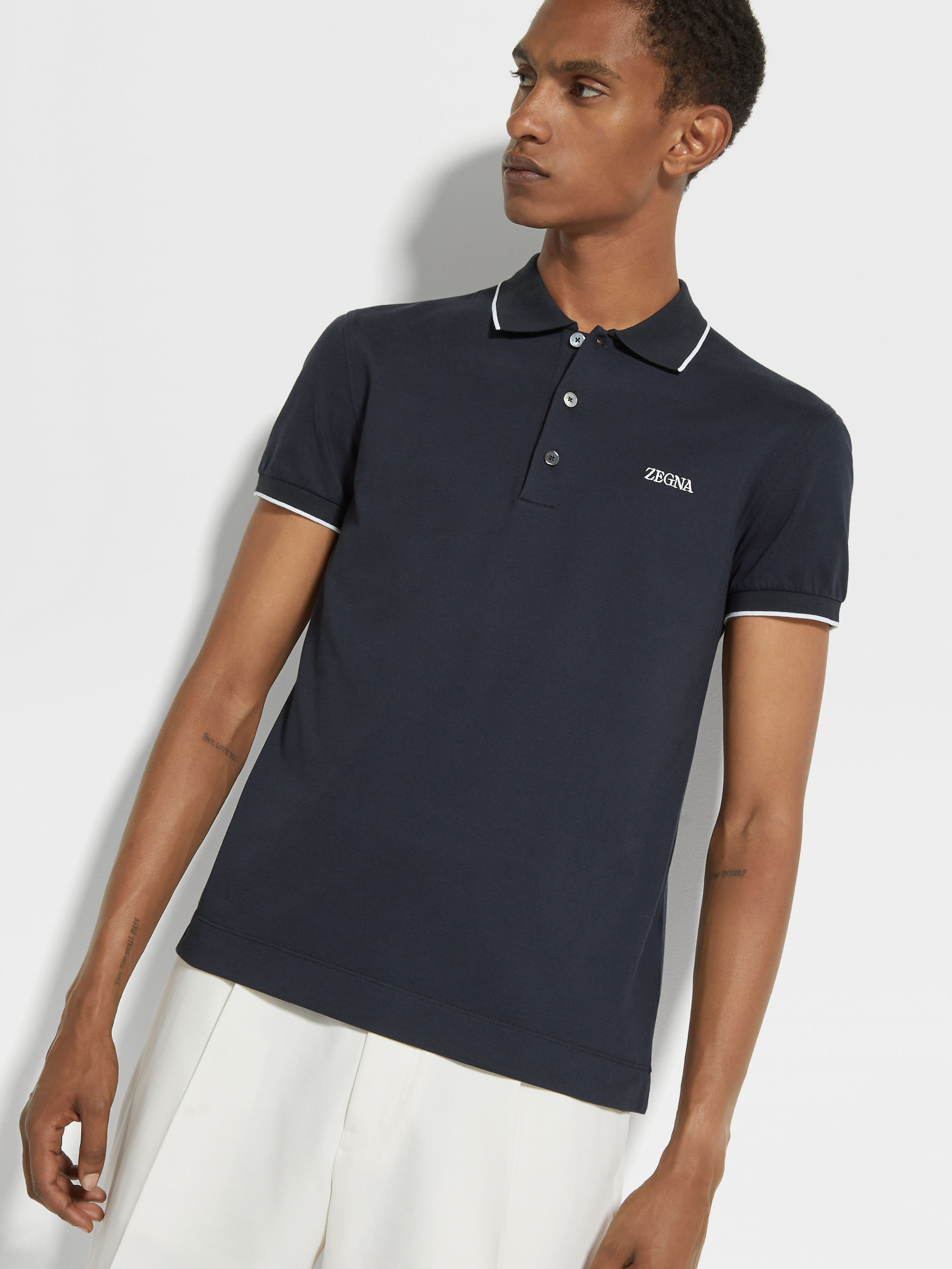Navy Blue Stretch Cotton Polo Shirt Product detail photo #2