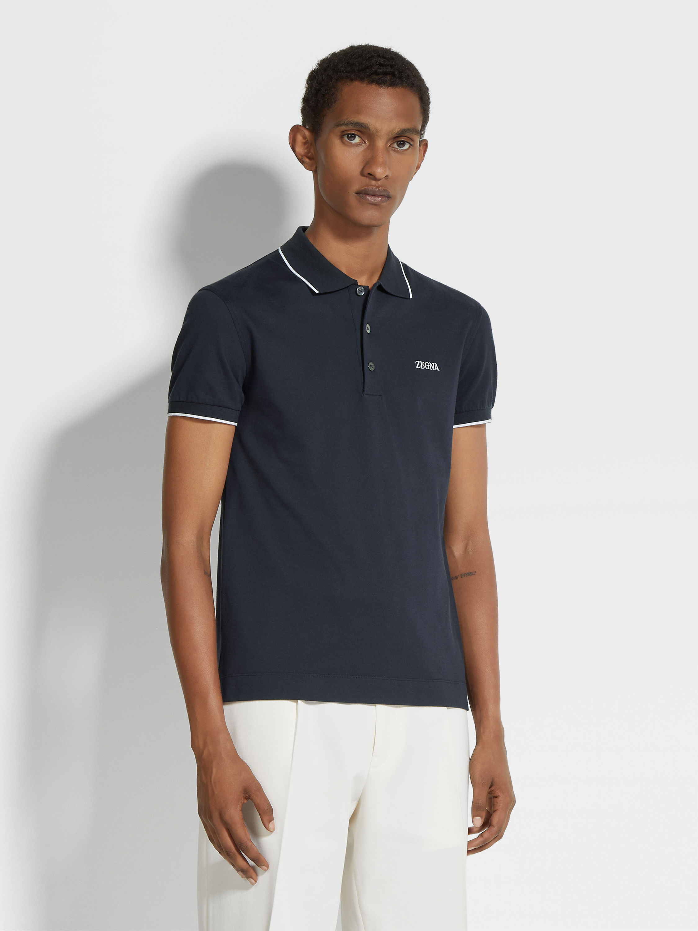 Navy Blue Stretch Cotton Polo Shirt Product detail photo #3