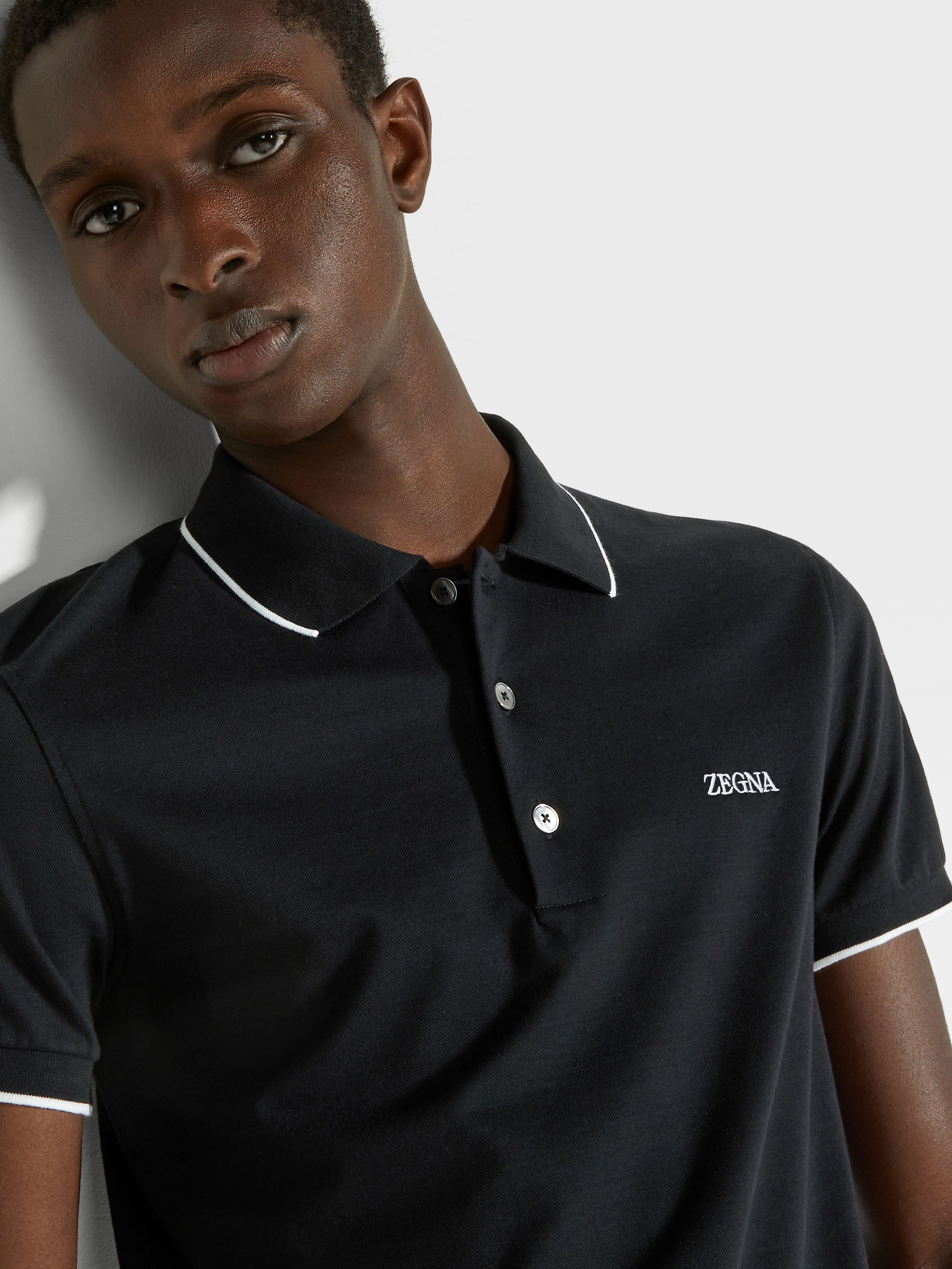 Black Stretch Cotton Polo Shirt Product detail photo #1