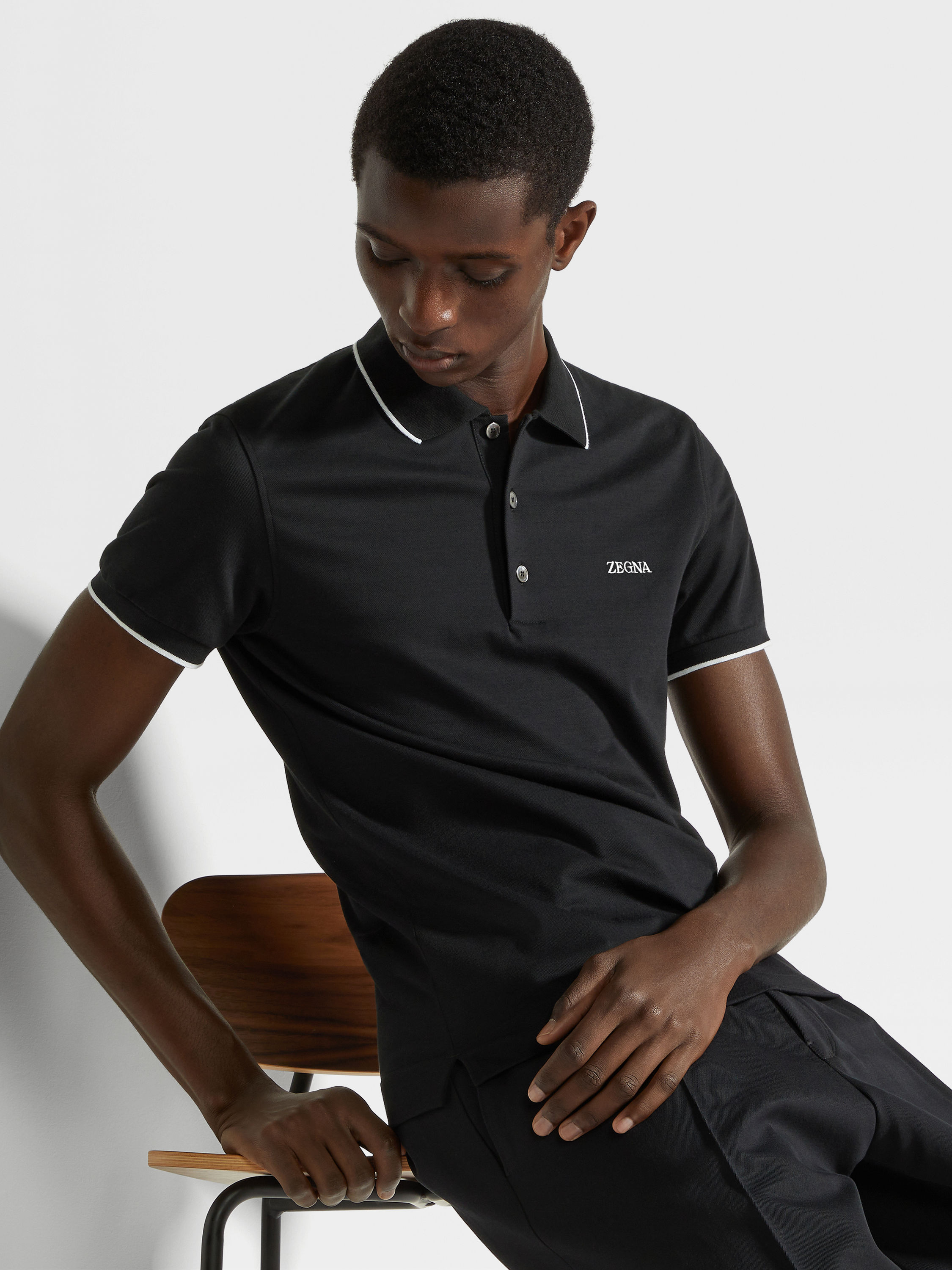 Black Stretch Cotton Polo Shirt Product detail photo #2