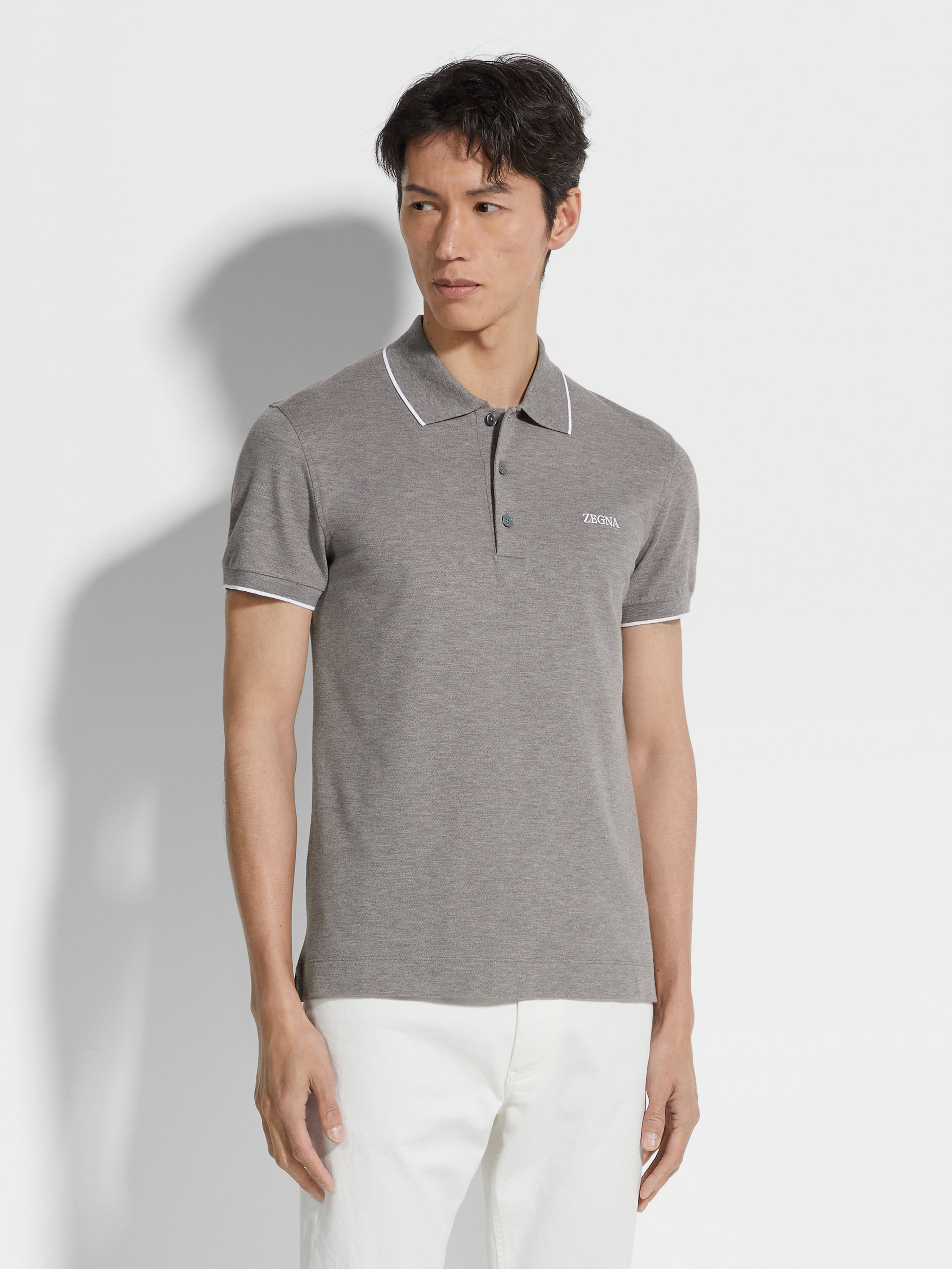 Grey Mélange Stretch Cotton Polo Shirt Product detail photo #3