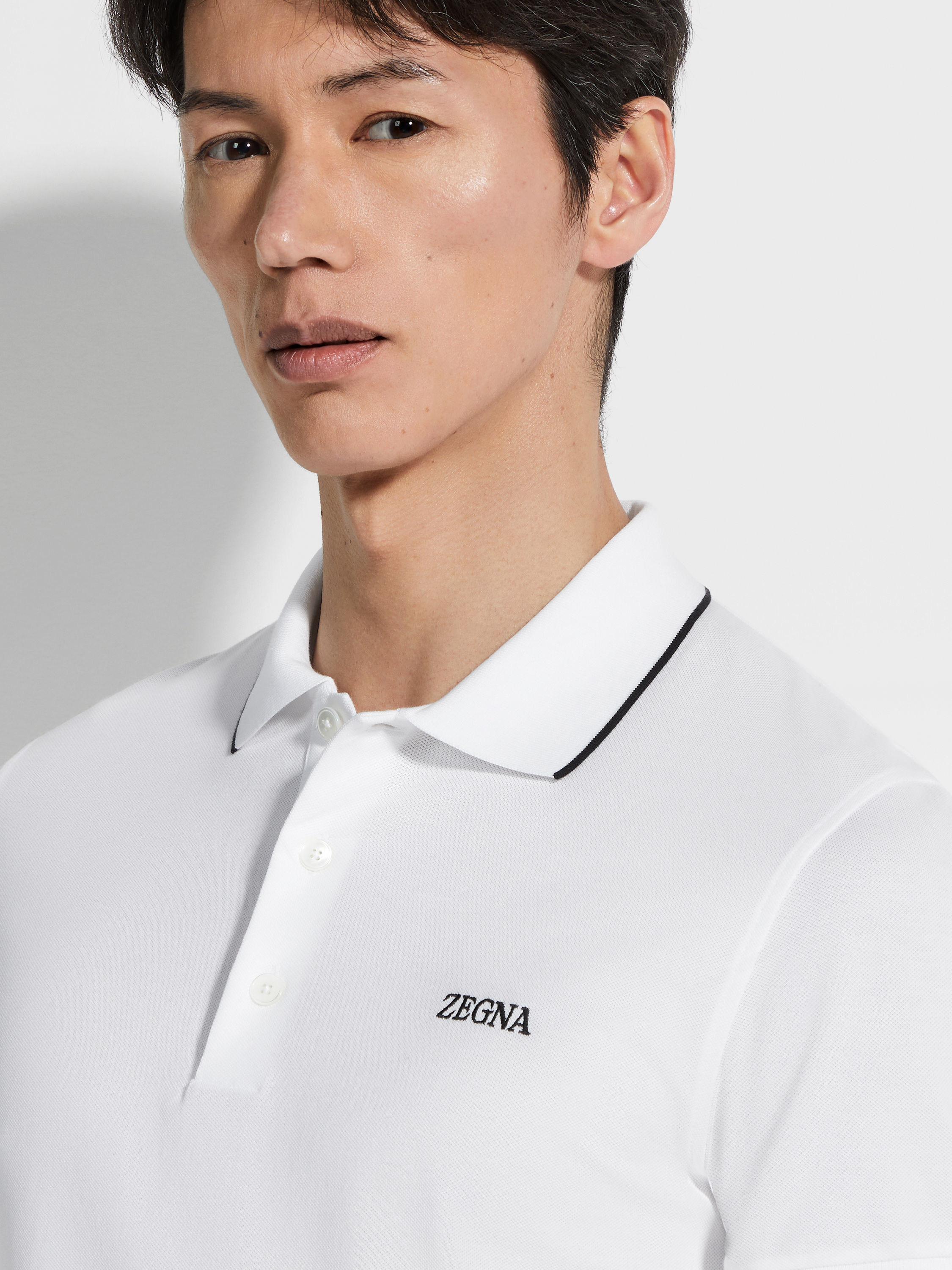 White Stretch Cotton Polo Shirt Product detail photo #1