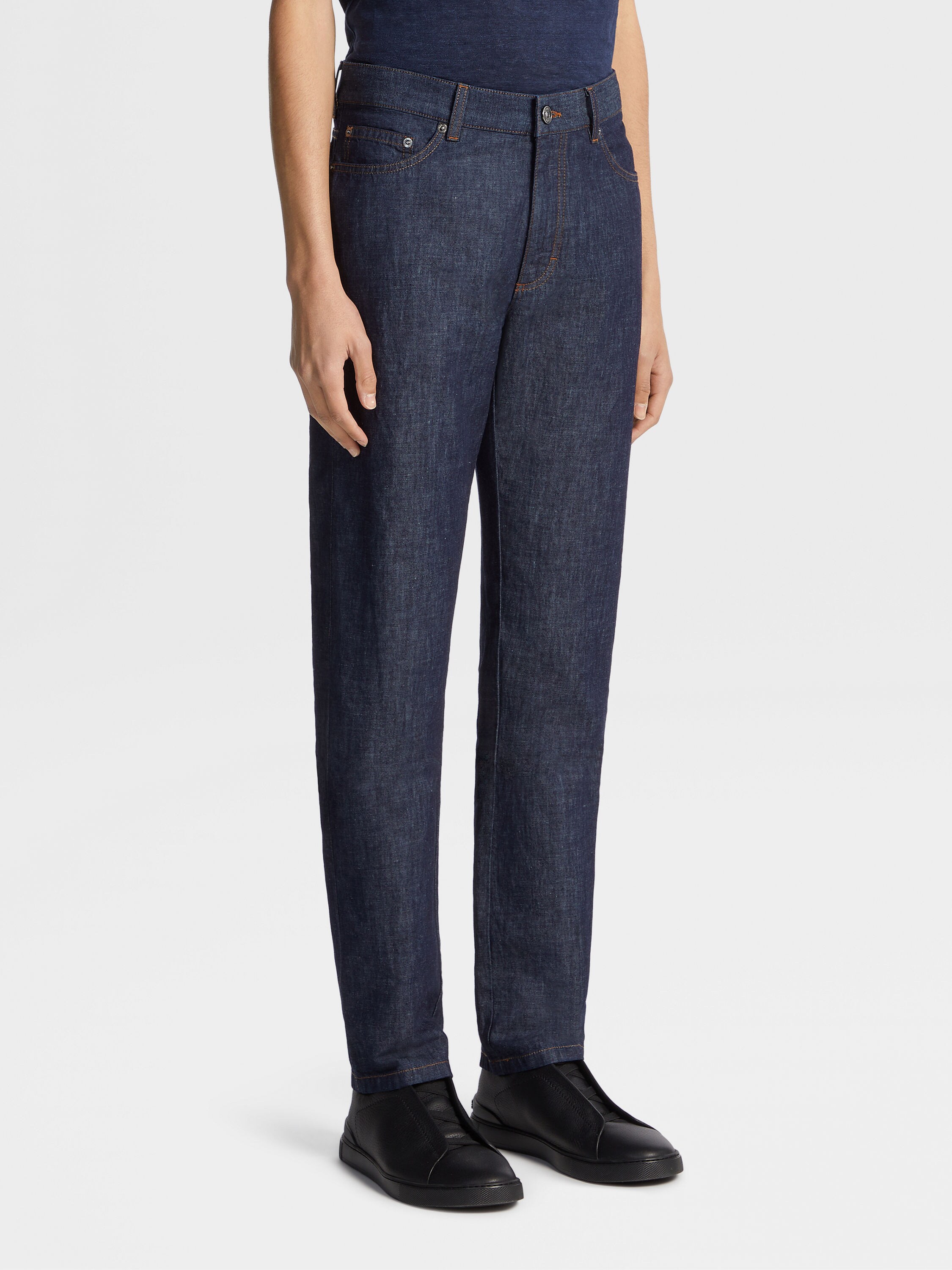 深蓝色漂洗棉及亚麻 Roccia 牛仔裤 產品細節圖 #1