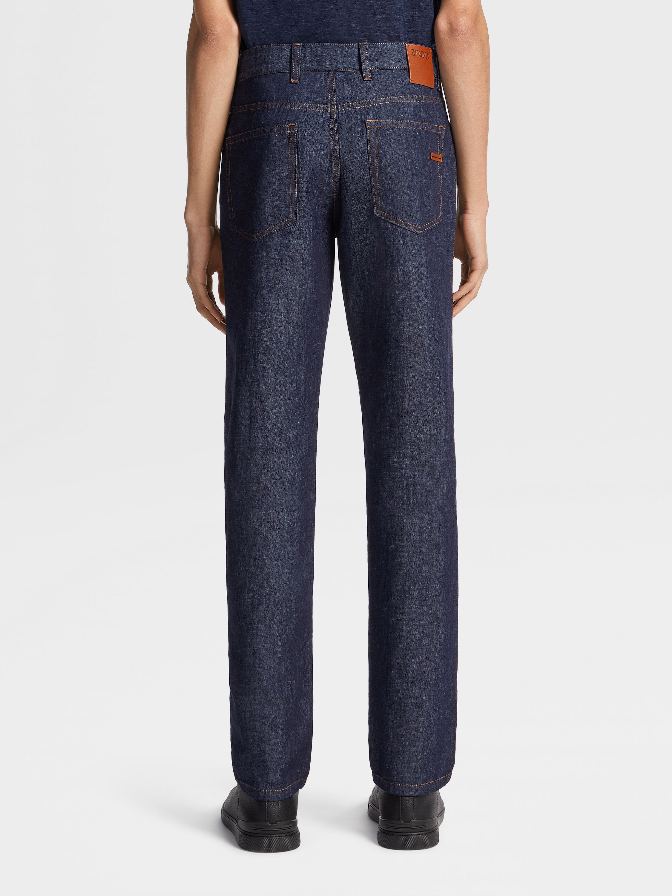 深蓝色漂洗棉及亚麻 Roccia 牛仔裤 產品細節圖 #2