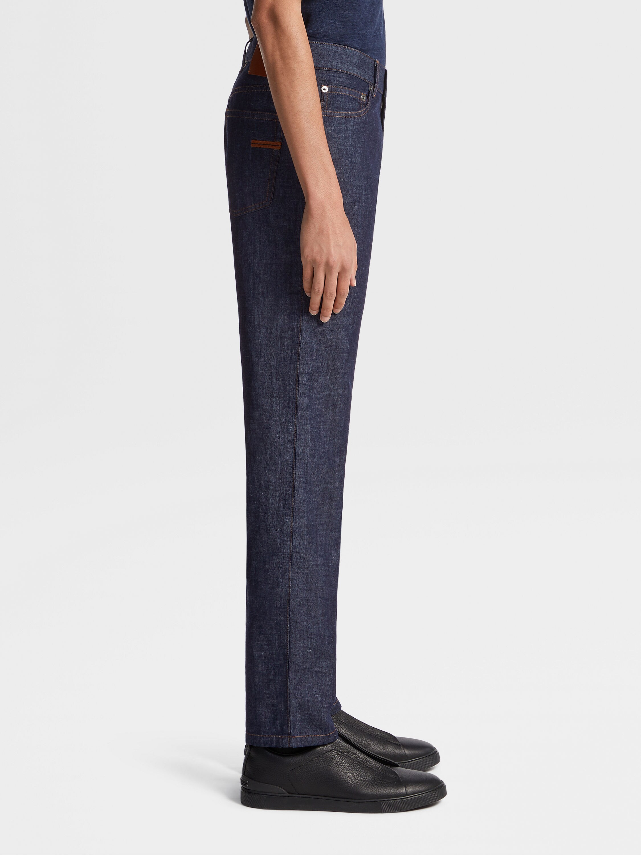 深蓝色漂洗棉及亚麻 Roccia 牛仔裤 產品細節圖 #3