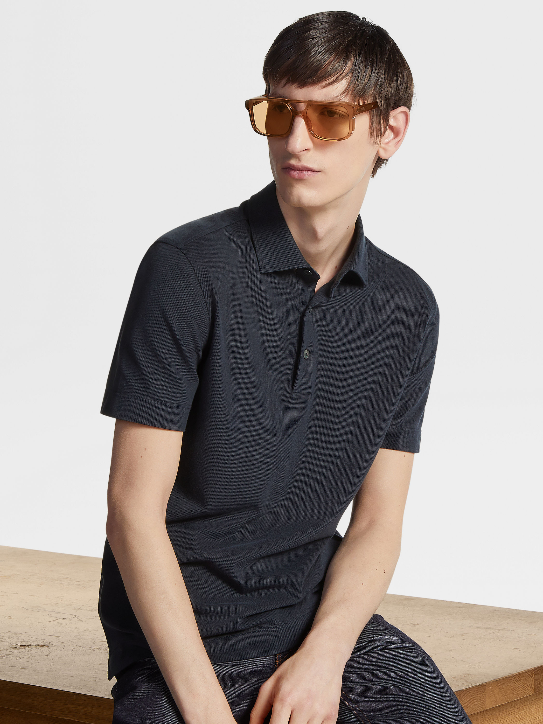 海军蓝棉及桑蚕丝 Polo 衫 产品细节图 #4