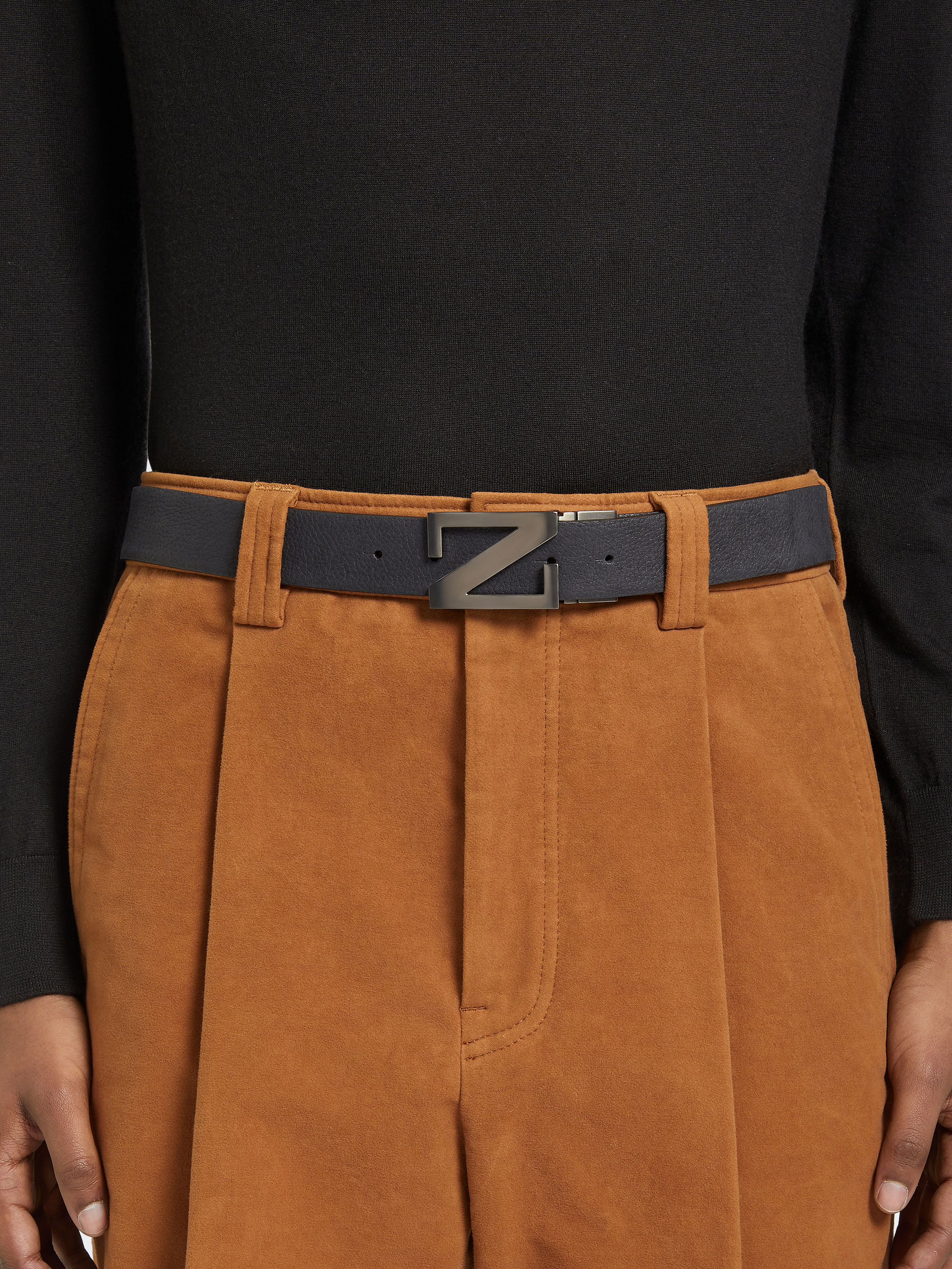 Navy Blue and Black Reversible Leather Belt Product detail photo #2