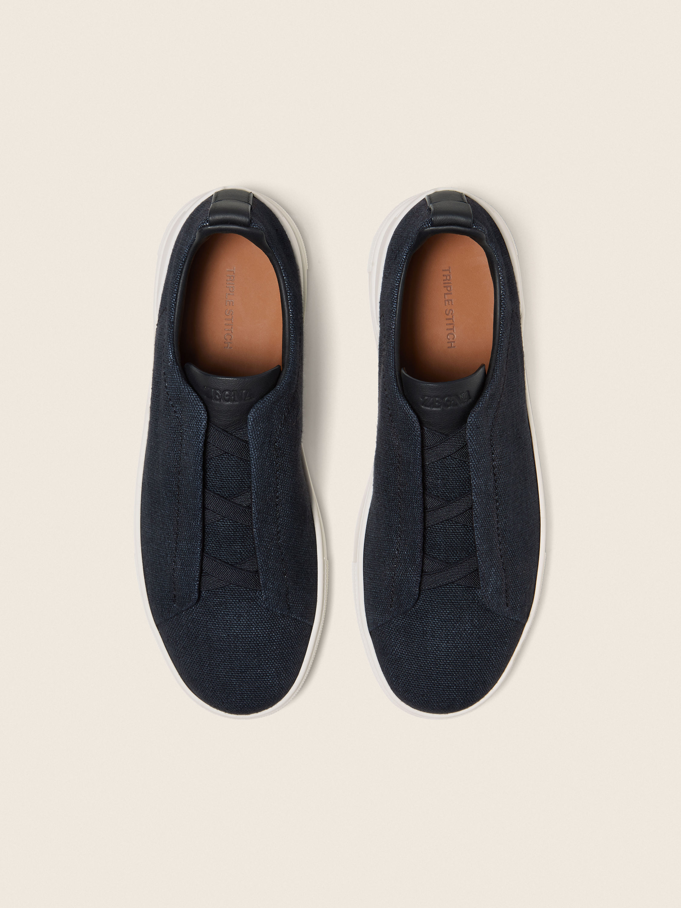 Navy Blue Cotton Linen and Leather Triple Stitch™ Sneakers Product detail photo #2