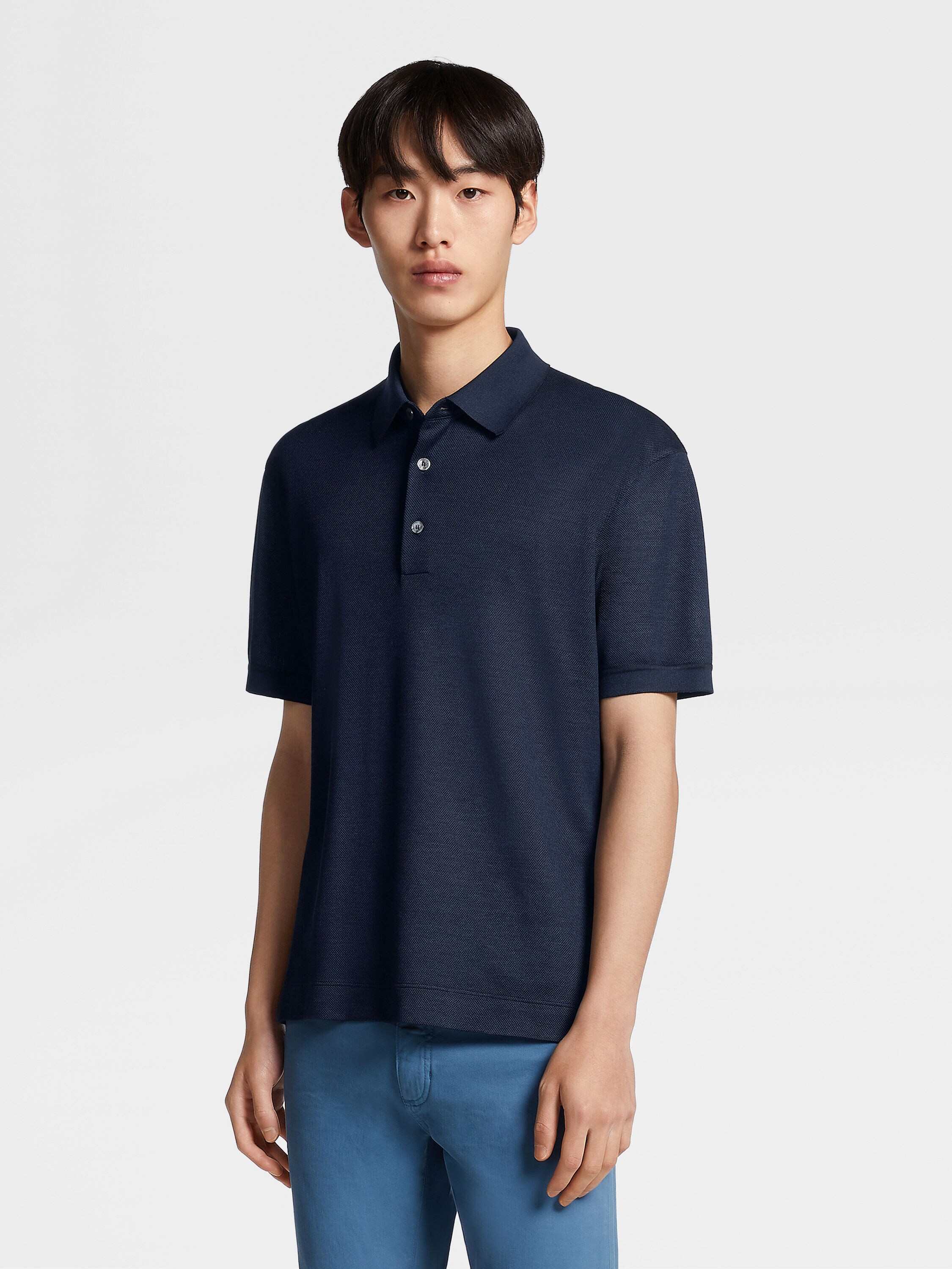 Dark Blue Zegna Silk Polo Shirt Product detail photo #1