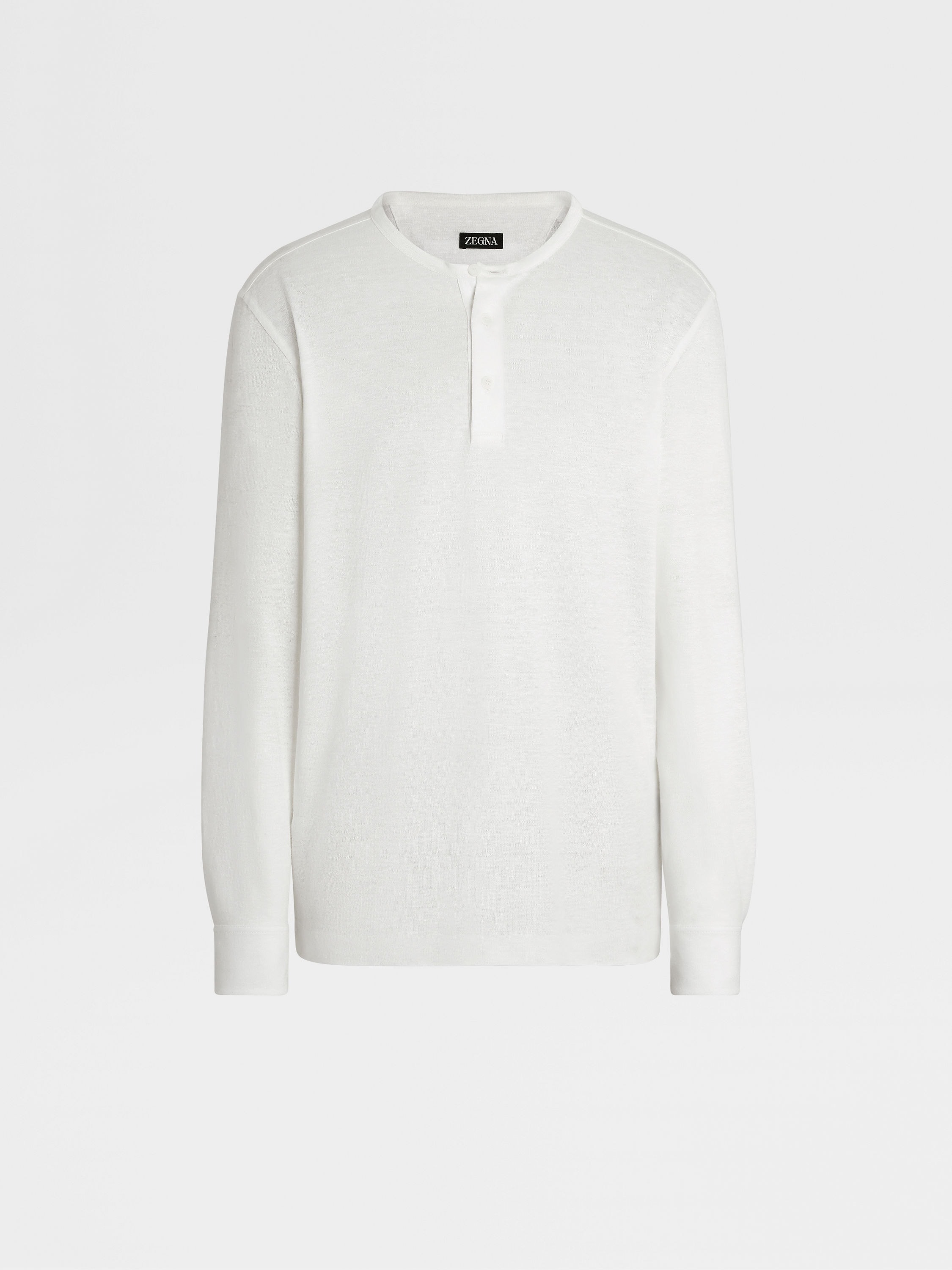 White Pure Linen Long-sleeve Henley Shirt
