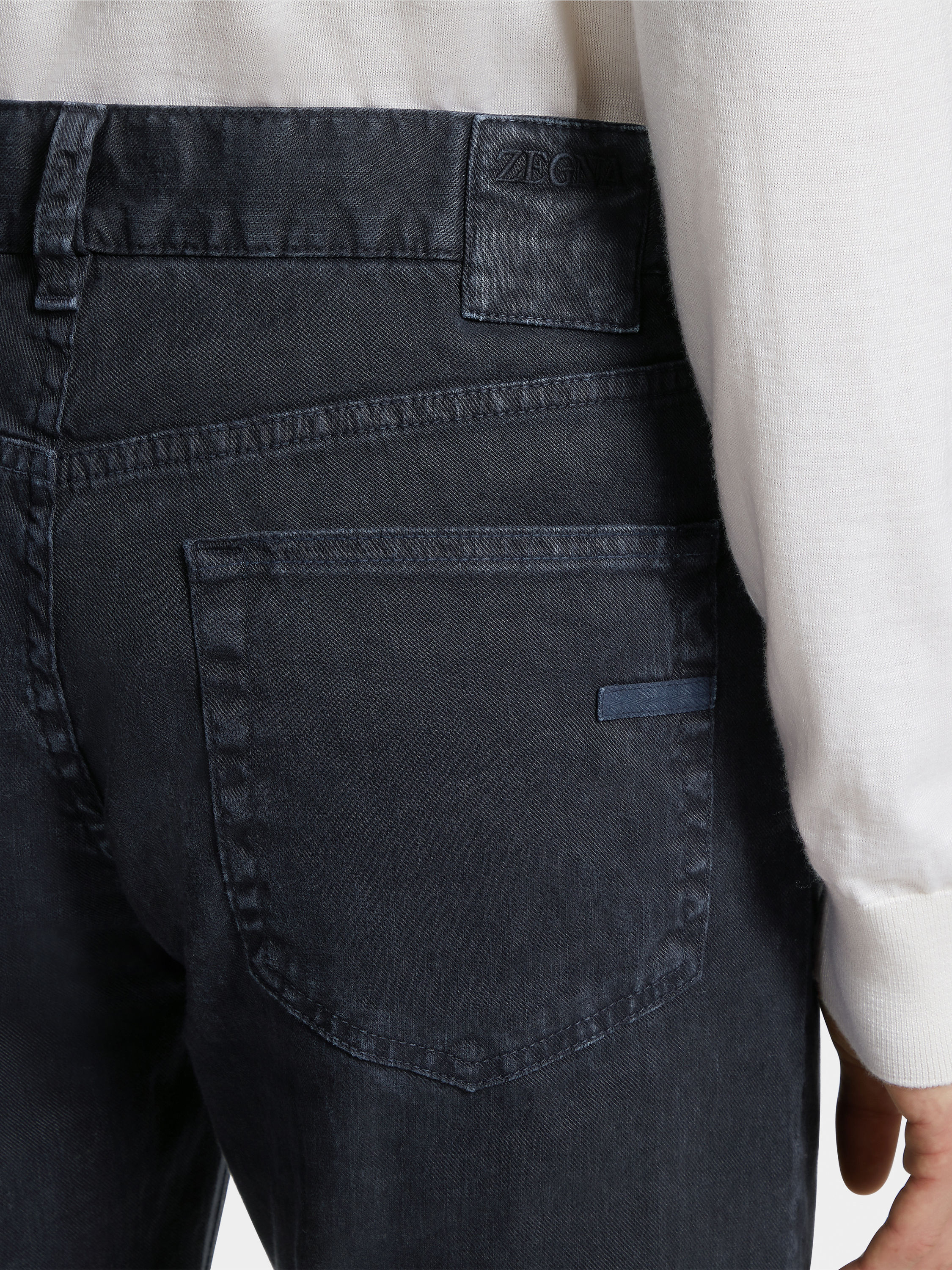 海军蓝弹力亚麻和棉质牛仔裤 產品細節圖 #4