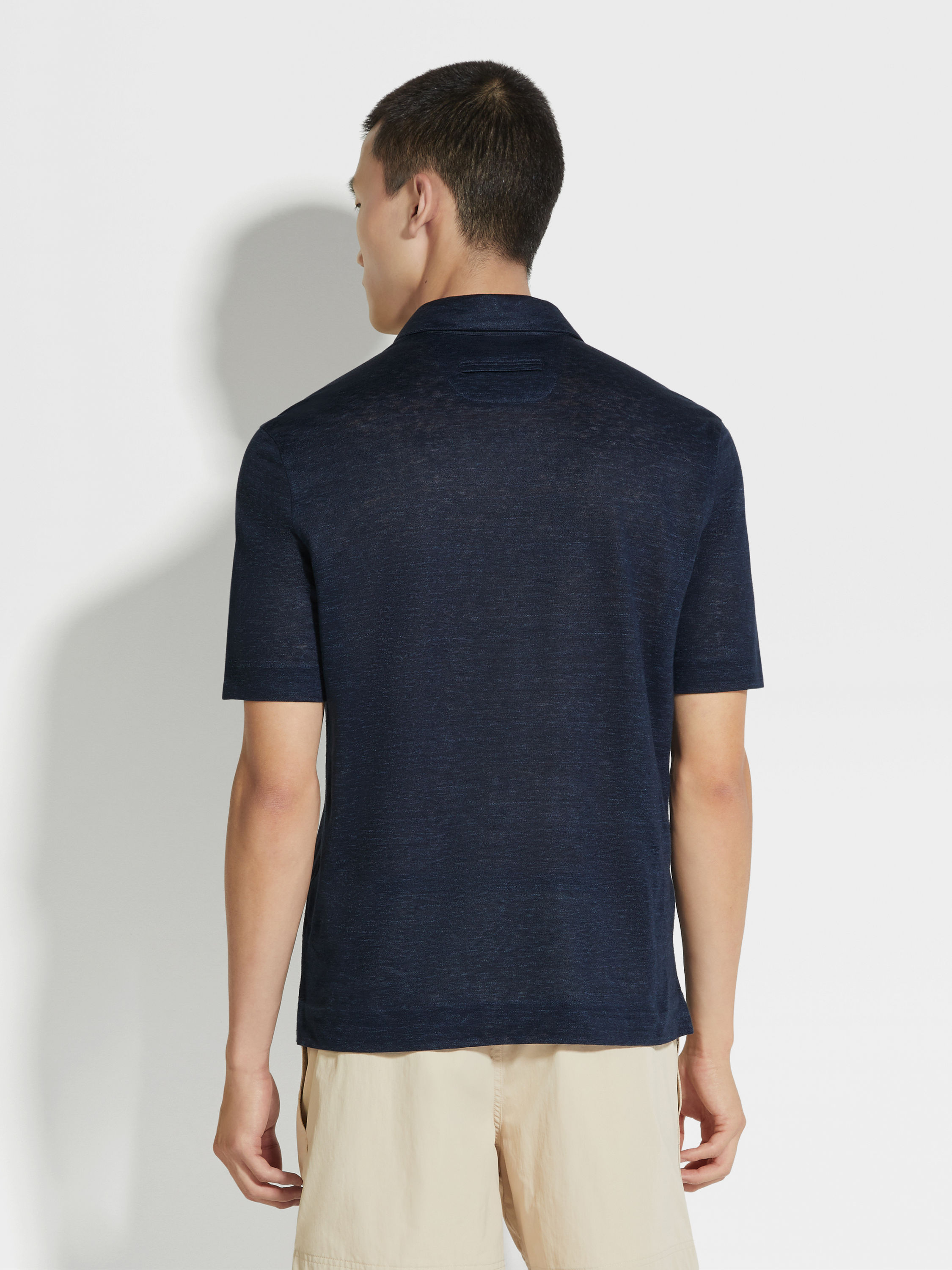 Navy Blue Linen Polo Shirt Product detail photo #4