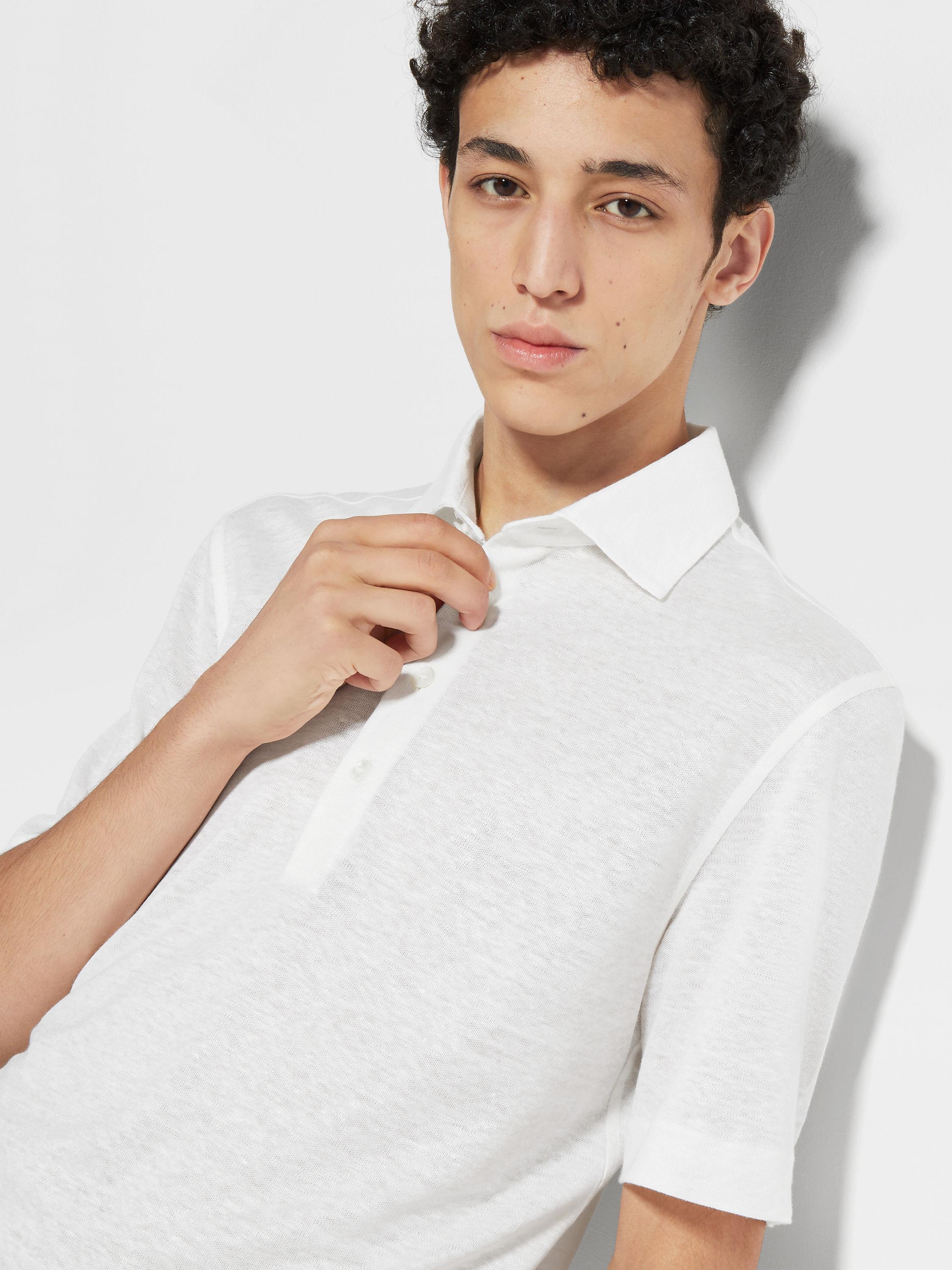 Optical White Linen Polo Shirt Product detail photo #1