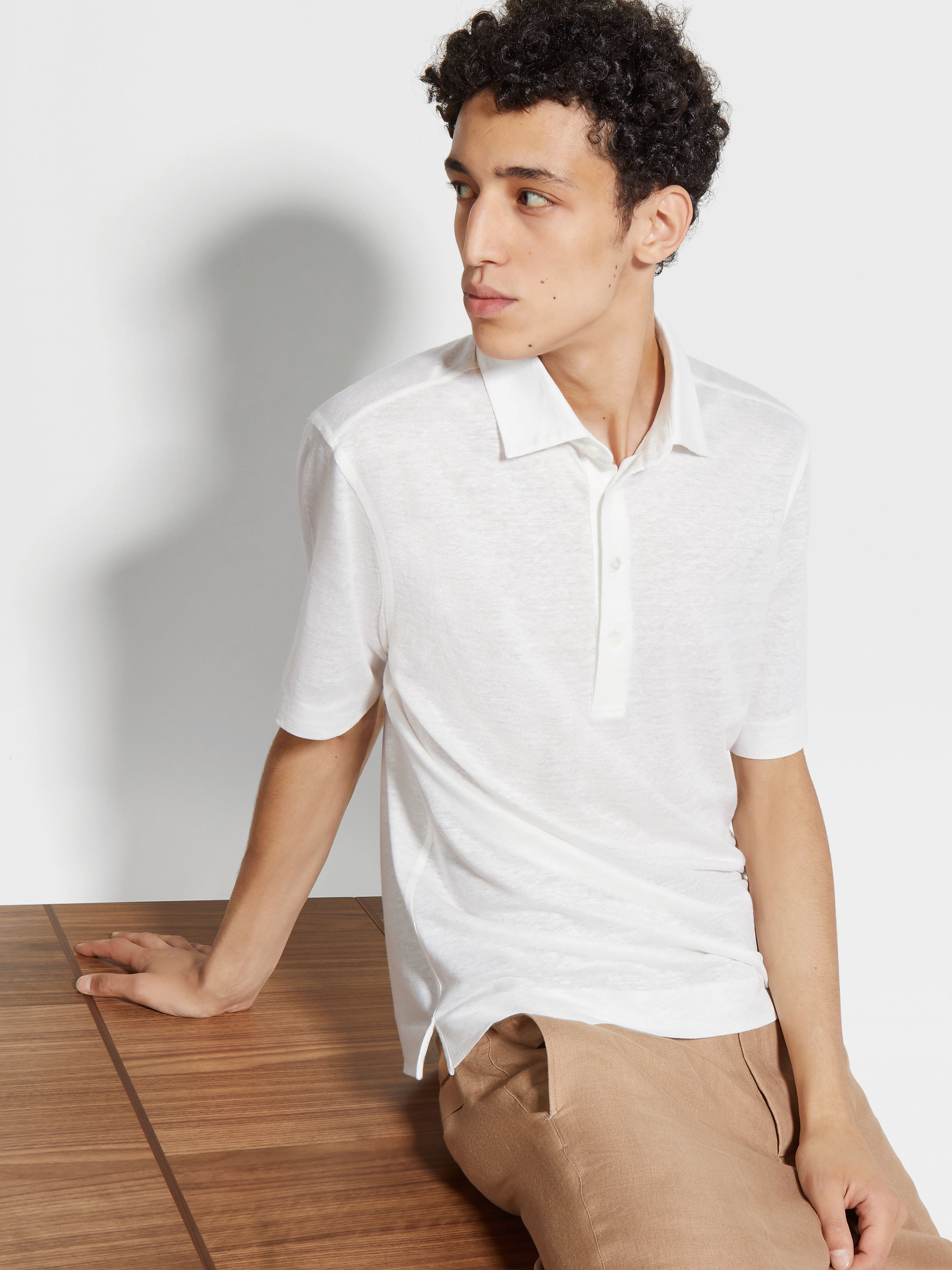 Optical White Linen Polo Shirt Product detail photo #2