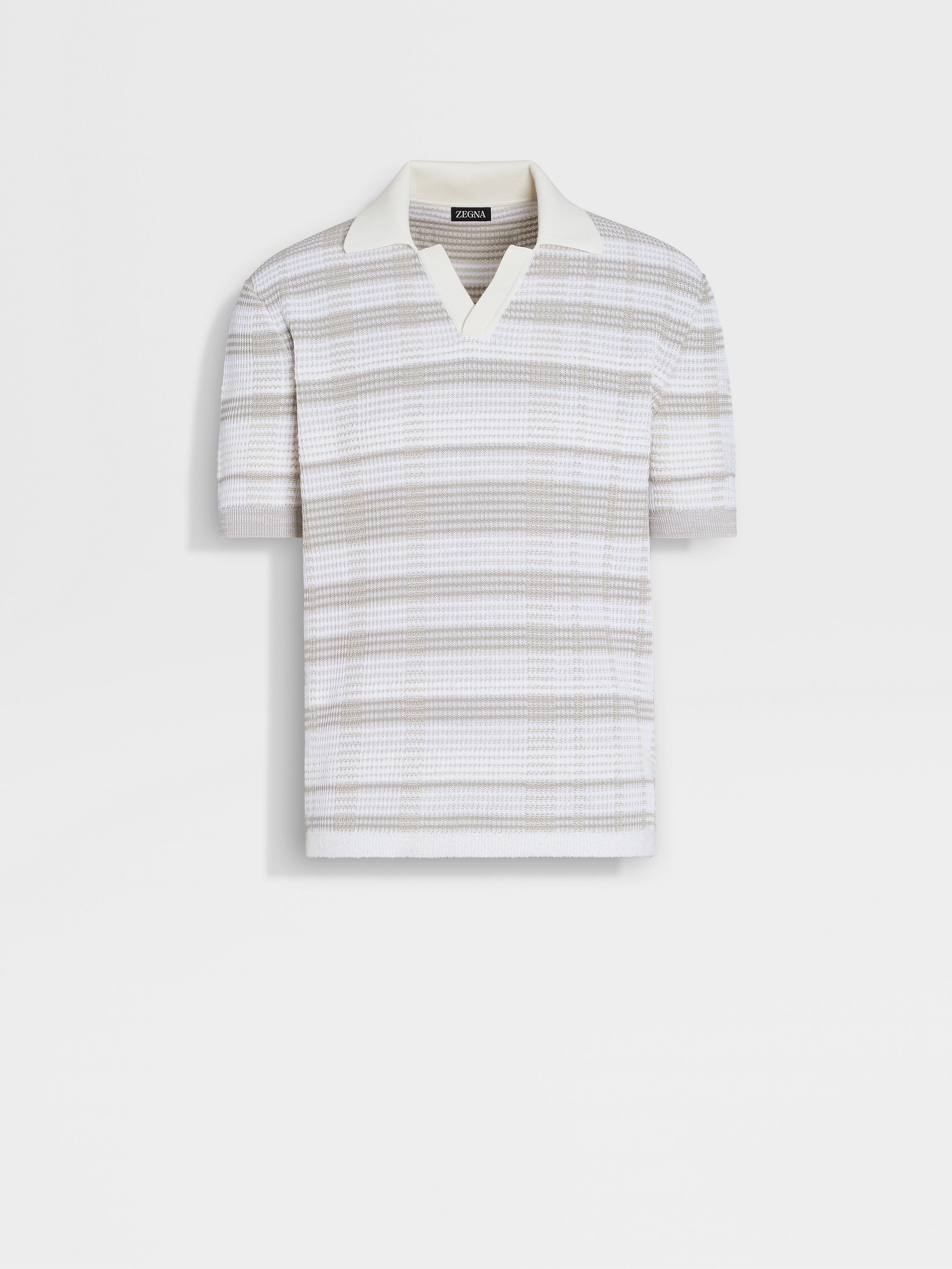 White and Dark Taupe Cotton and Silk Blend Polo Shirt