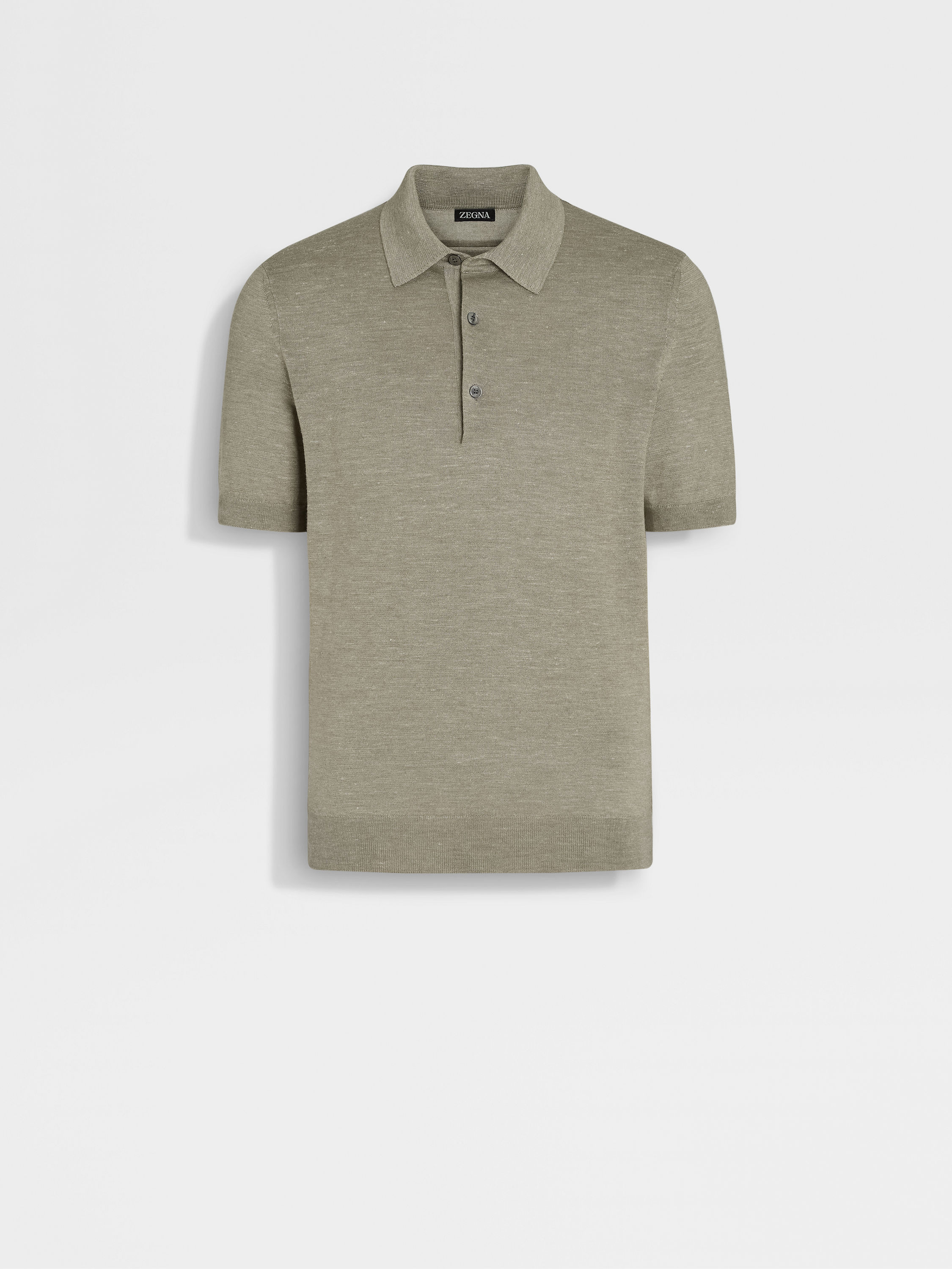 Olive Green Mélange Silk Cashmere and Linen Polo Shirt