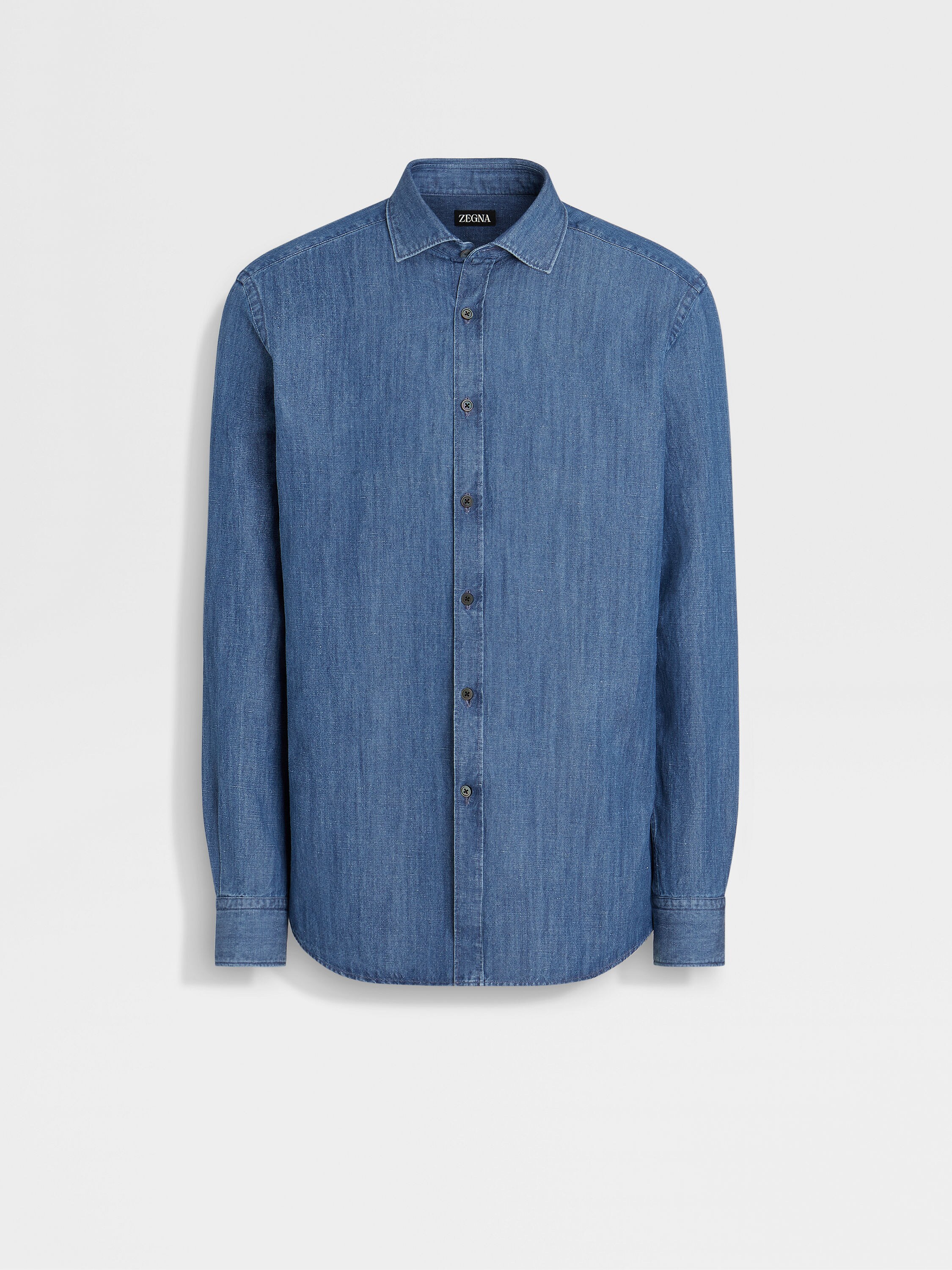 Blue Stone-washed Cotton and Linen Denim Shirt