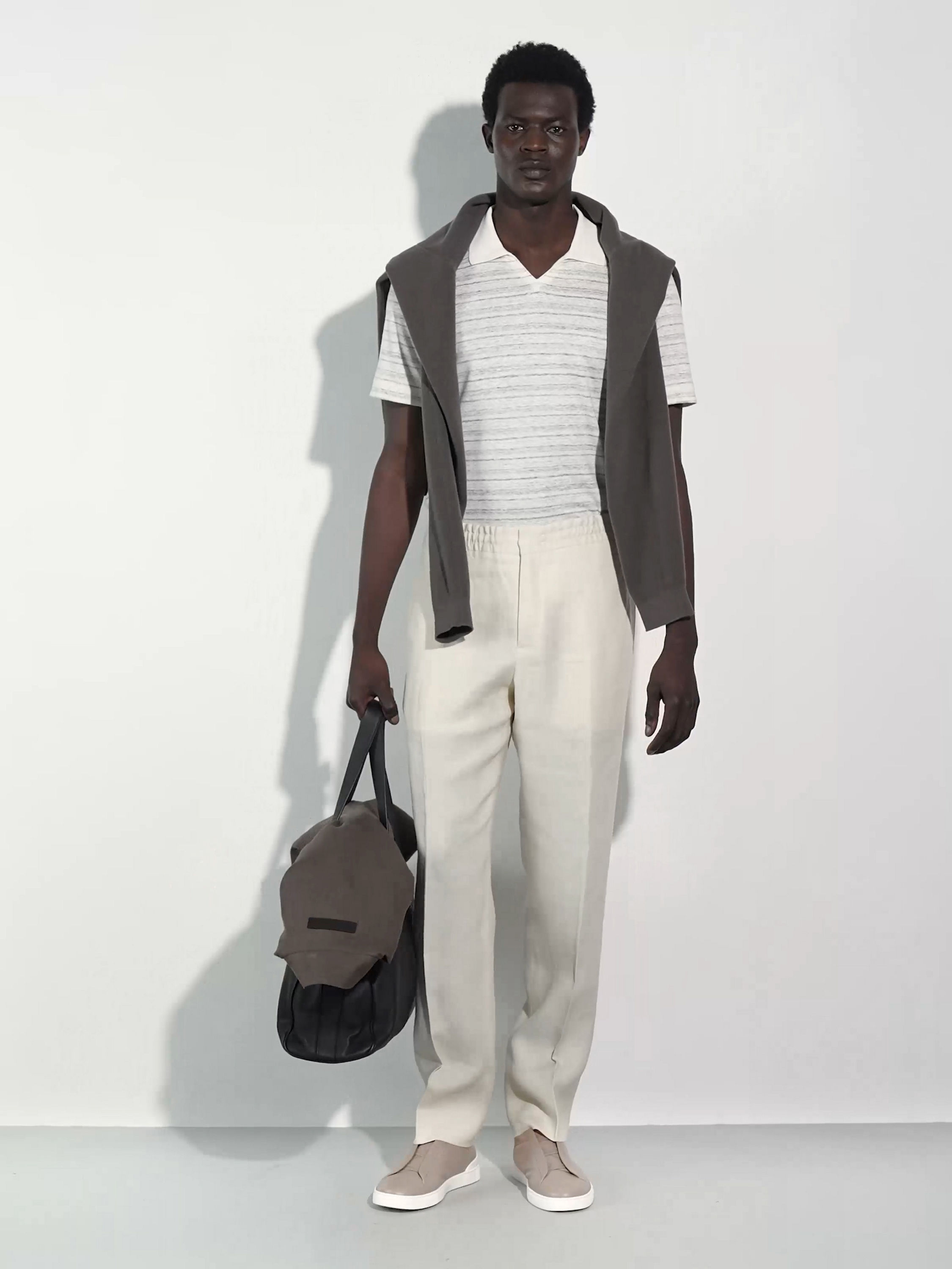 White and Dark Taupe Linen and Silk Blend Polo Shirt