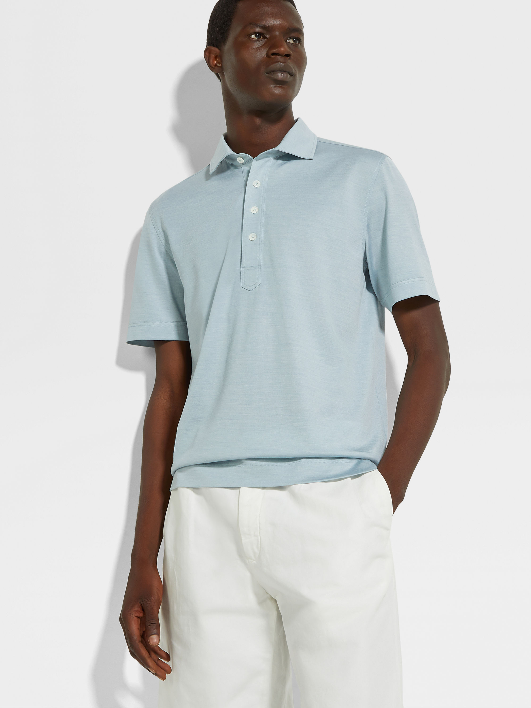 混浅蓝色 Leggerissimo 棉及桑蚕丝 Polo 衫 產品細節圖 #2