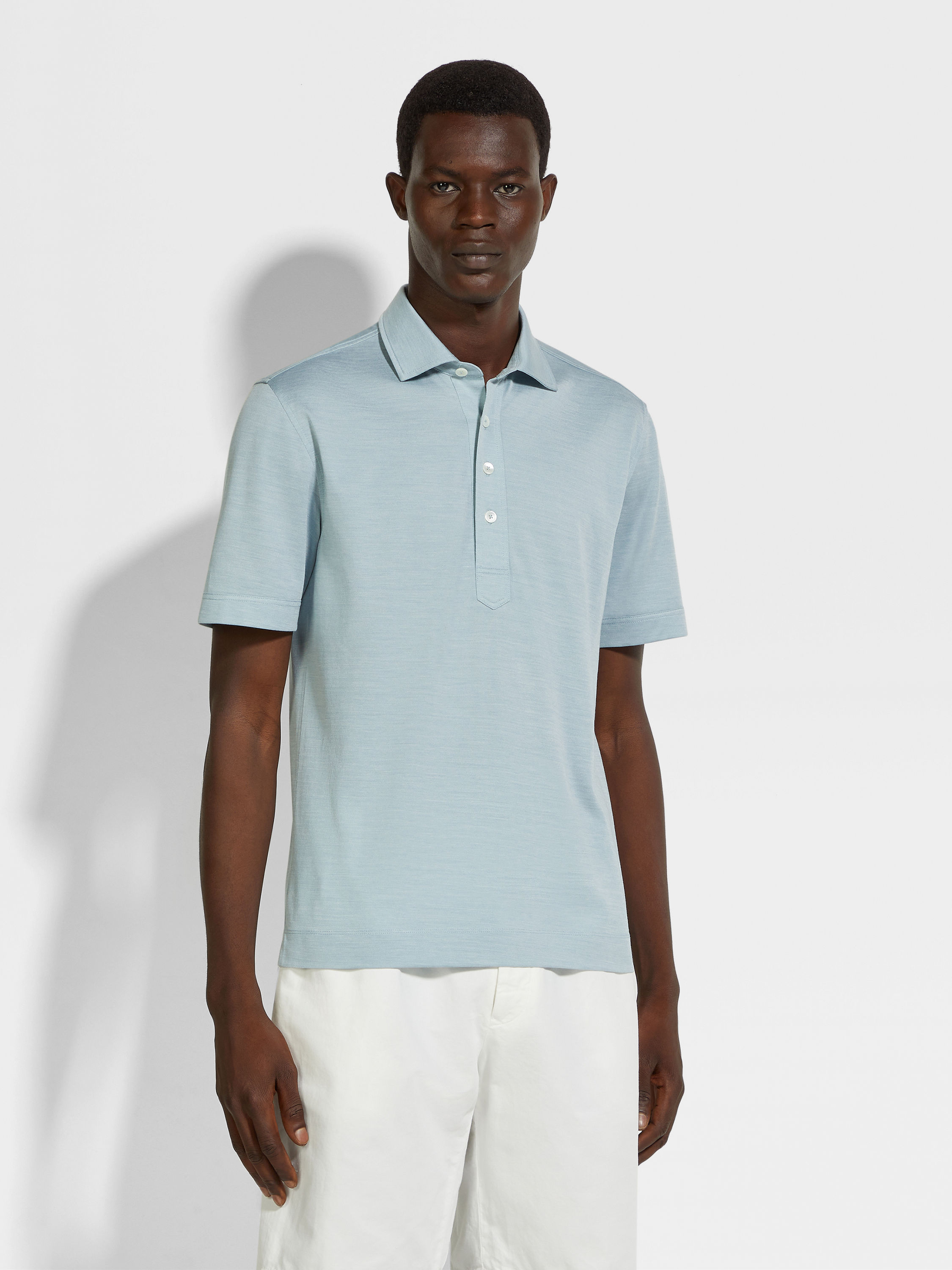 混浅蓝色 Leggerissimo 棉及桑蚕丝 Polo 衫 產品細節圖 #3