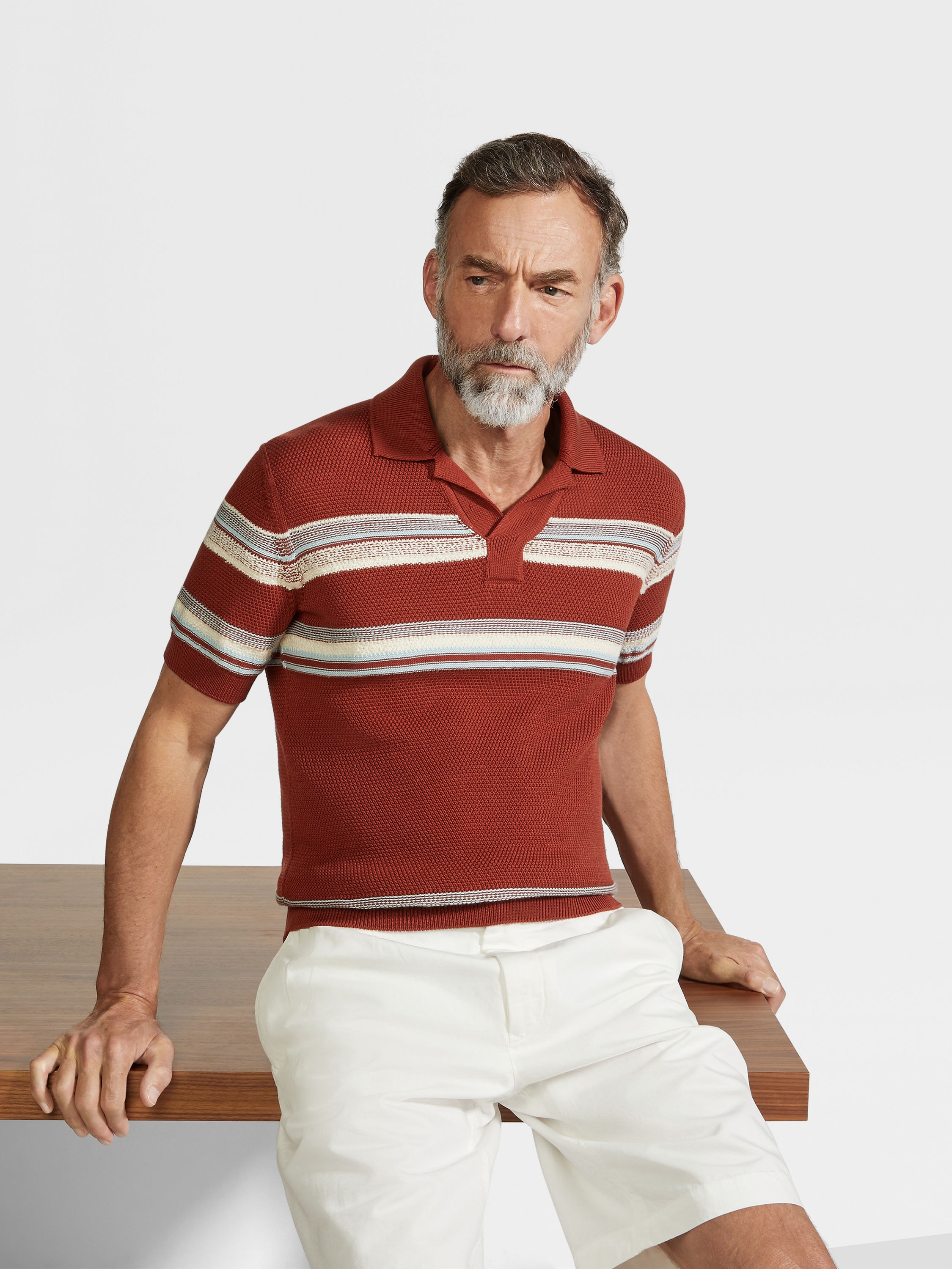 砖红色、浅蓝色和白色棉及桑蚕丝 Polo 衫 產品細節圖 #2