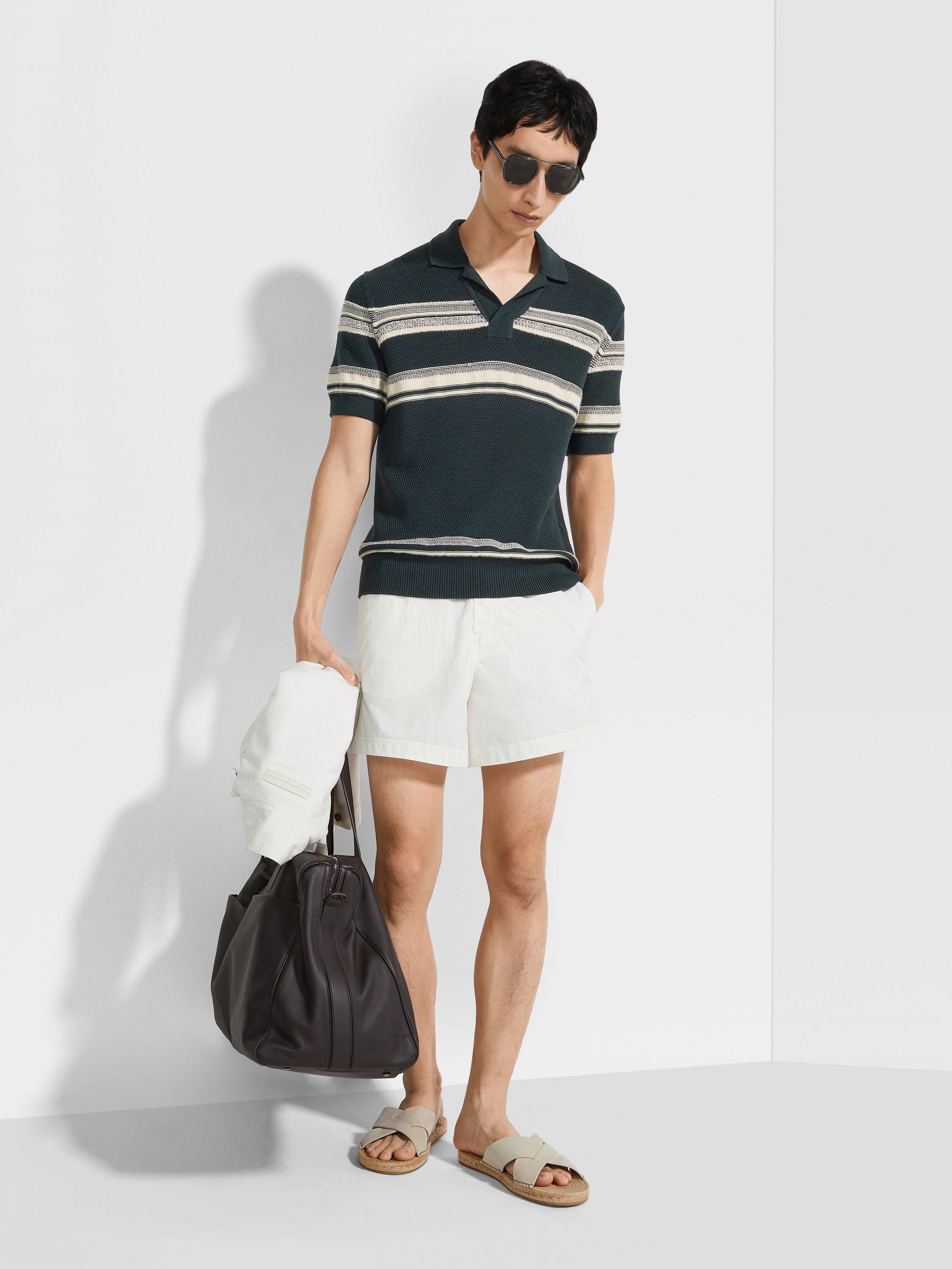 深蓝绿色、浅黄色和白色棉及桑蚕丝 Polo 衫 產品細節圖 #2