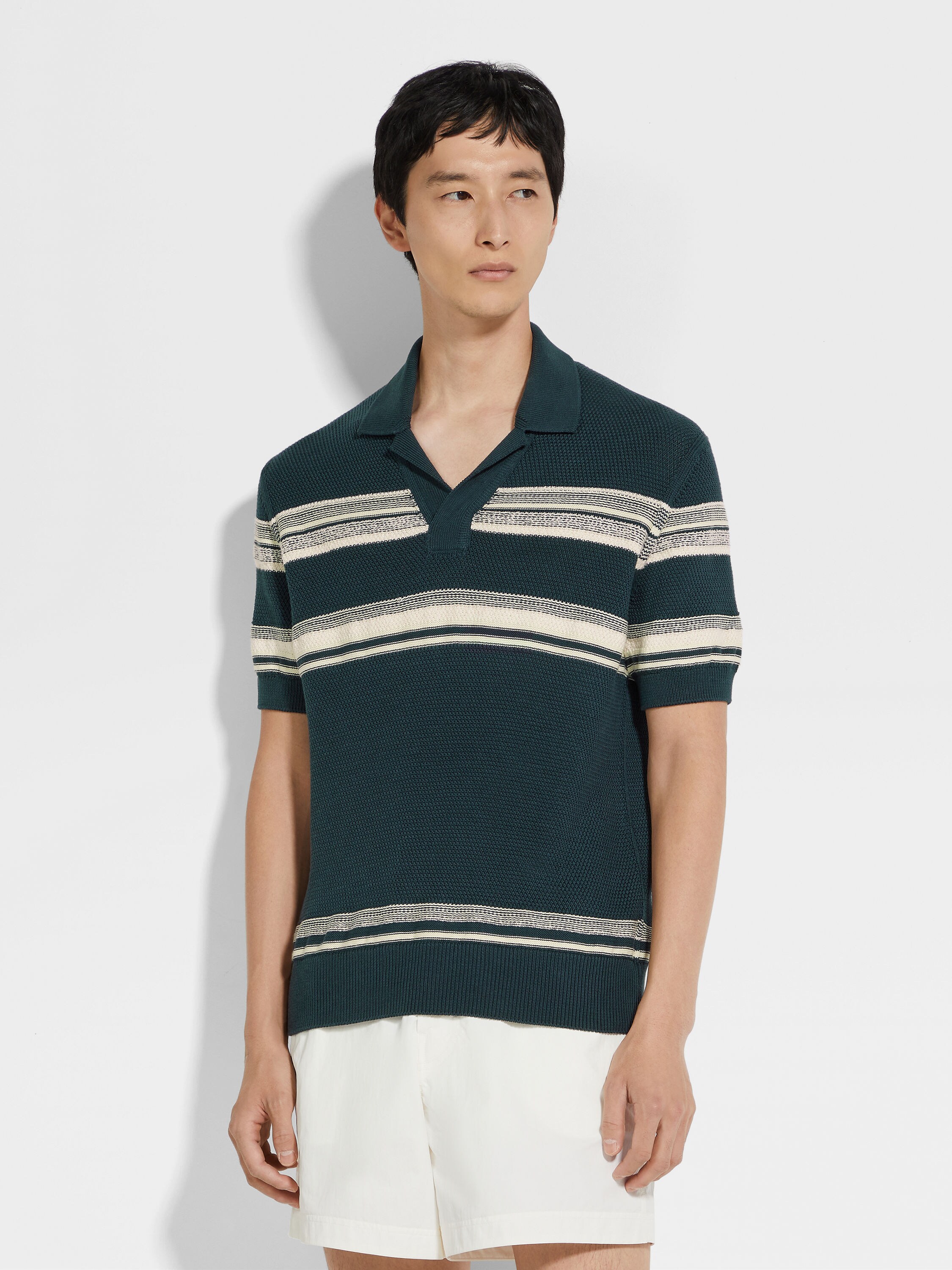 深蓝绿色、浅黄色和白色棉及桑蚕丝 Polo 衫 產品細節圖 #3
