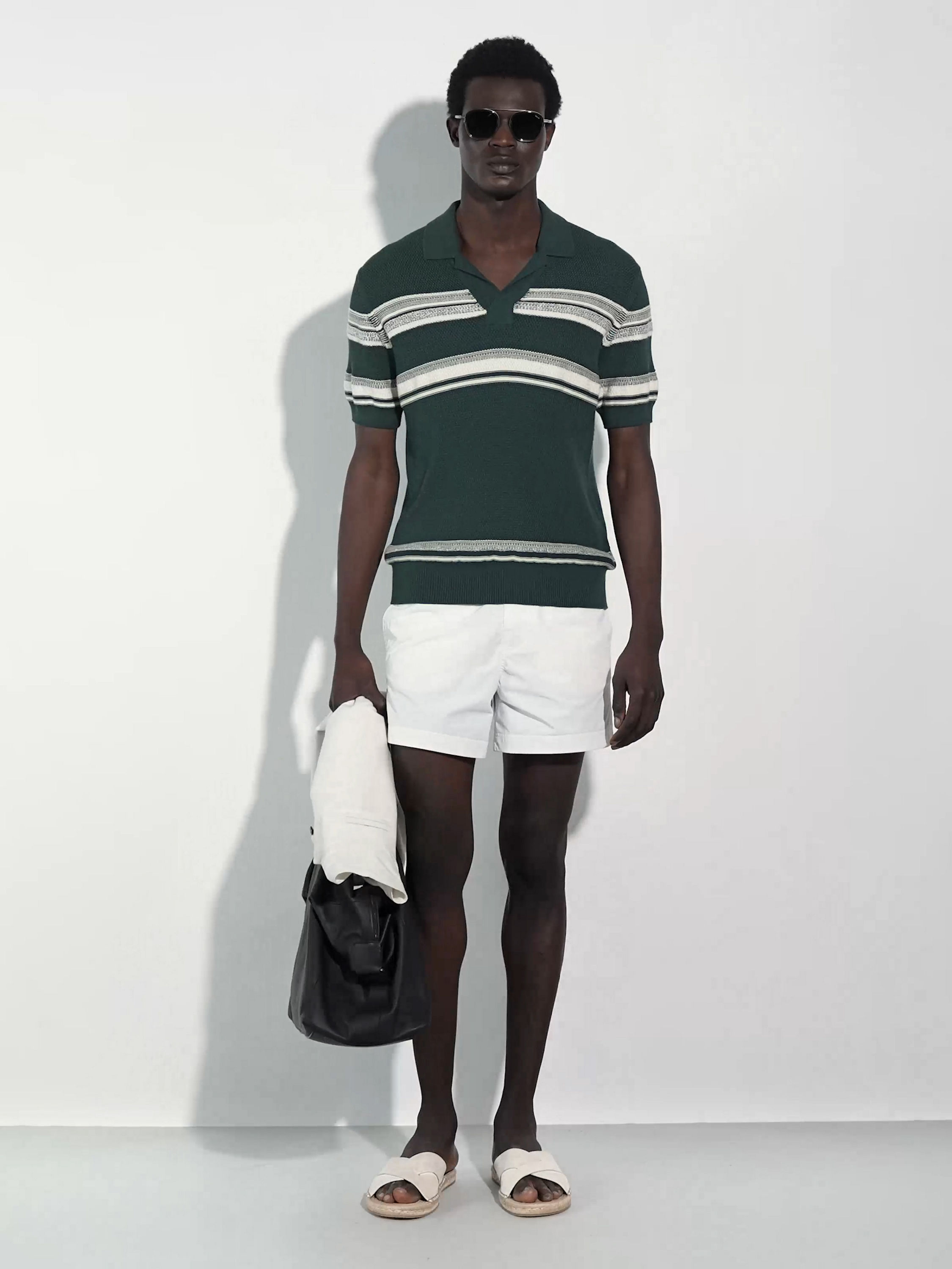 深蓝绿色、浅黄色和白色棉及桑蚕丝 Polo 衫