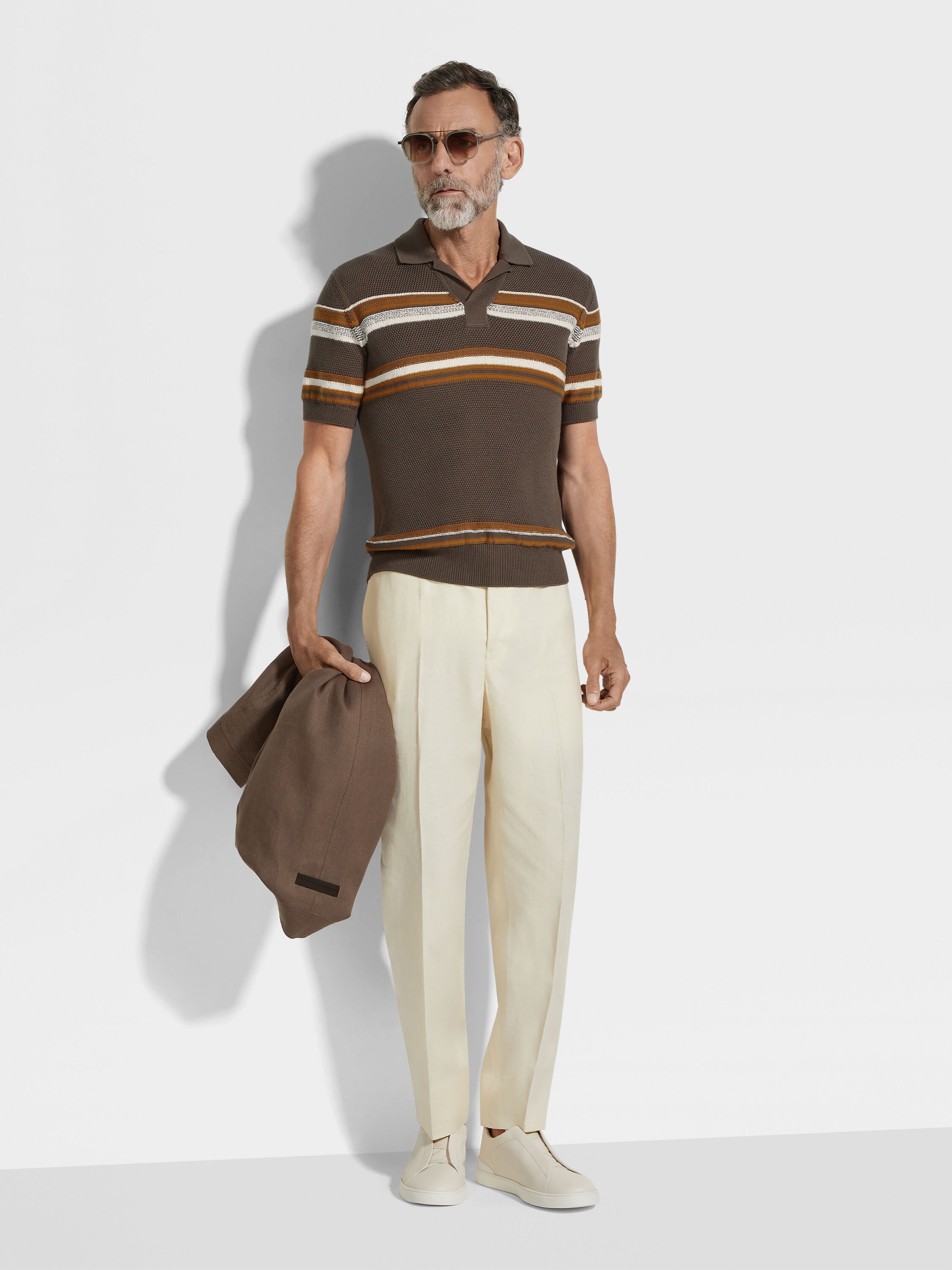 深灰褐色、赭石色和白色棉及桑蚕丝 Polo 衫 產品細節圖 #2