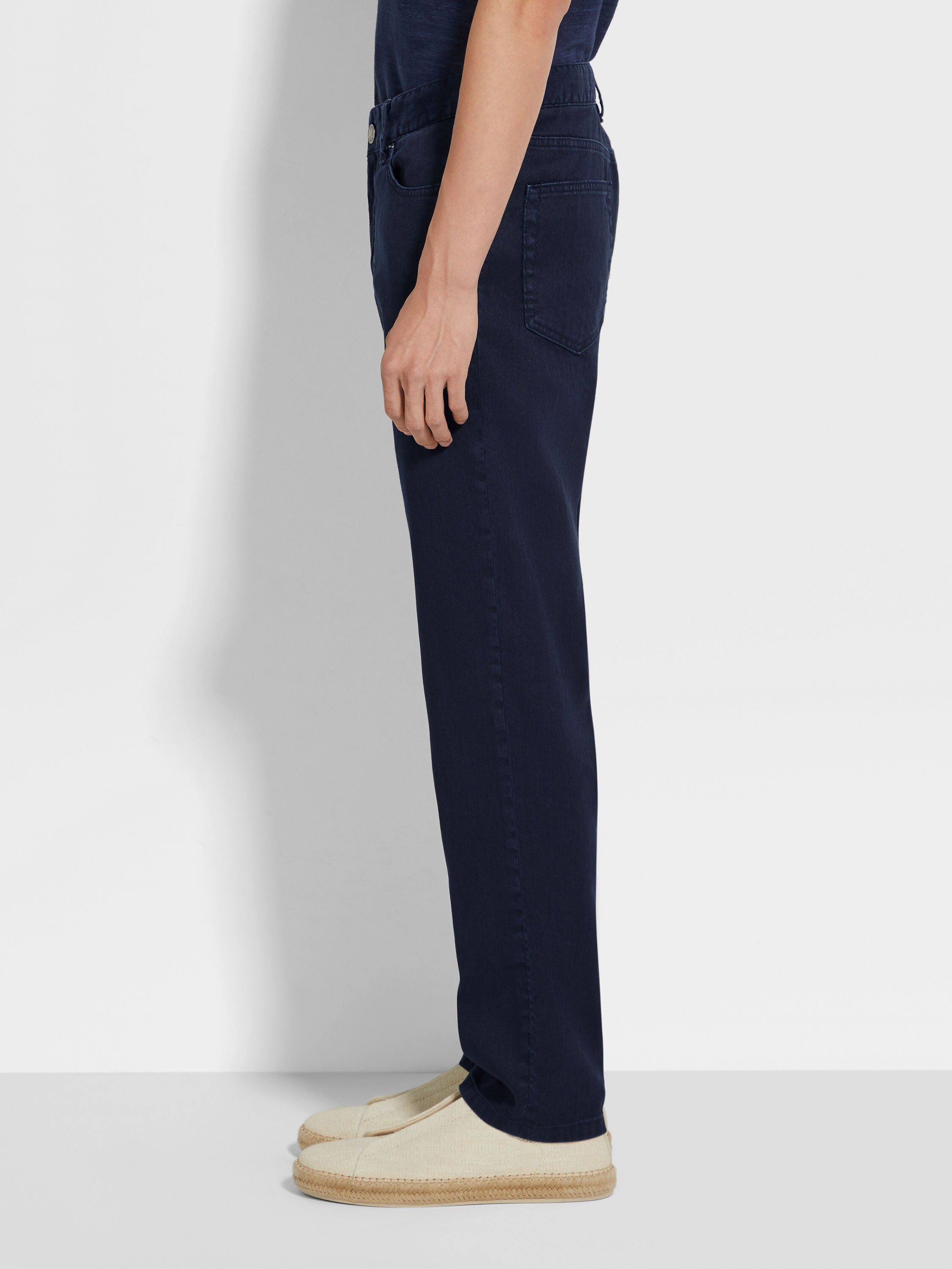 海军蓝弹力亚麻及棉质 Roccia 牛仔裤 產品細節圖 #2