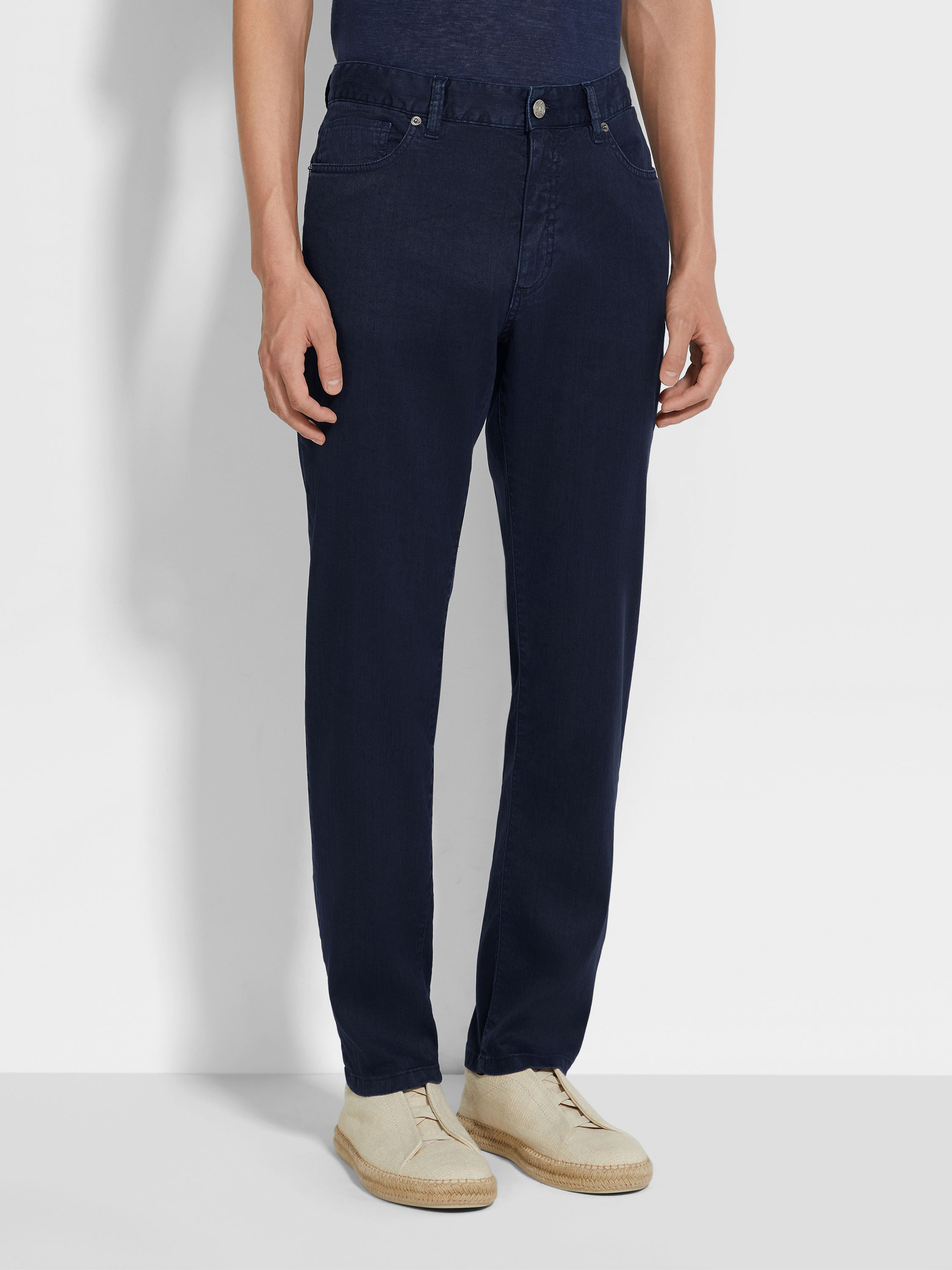 海军蓝弹力亚麻及棉质 Roccia 牛仔裤 產品細節圖 #3