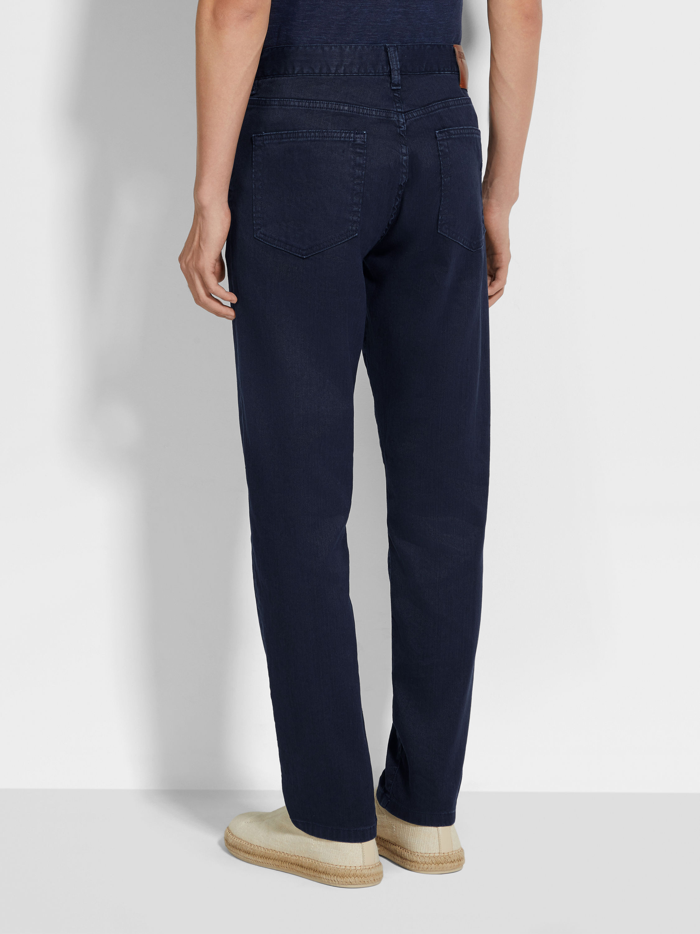 海军蓝弹力亚麻及棉质 Roccia 牛仔裤 產品細節圖 #4