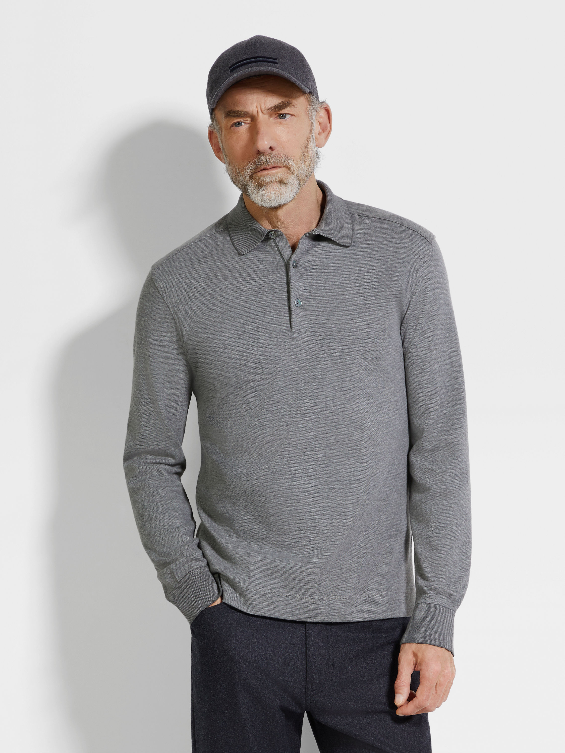 Grey Mélange Cotton Polo Shirt Product detail photo #2