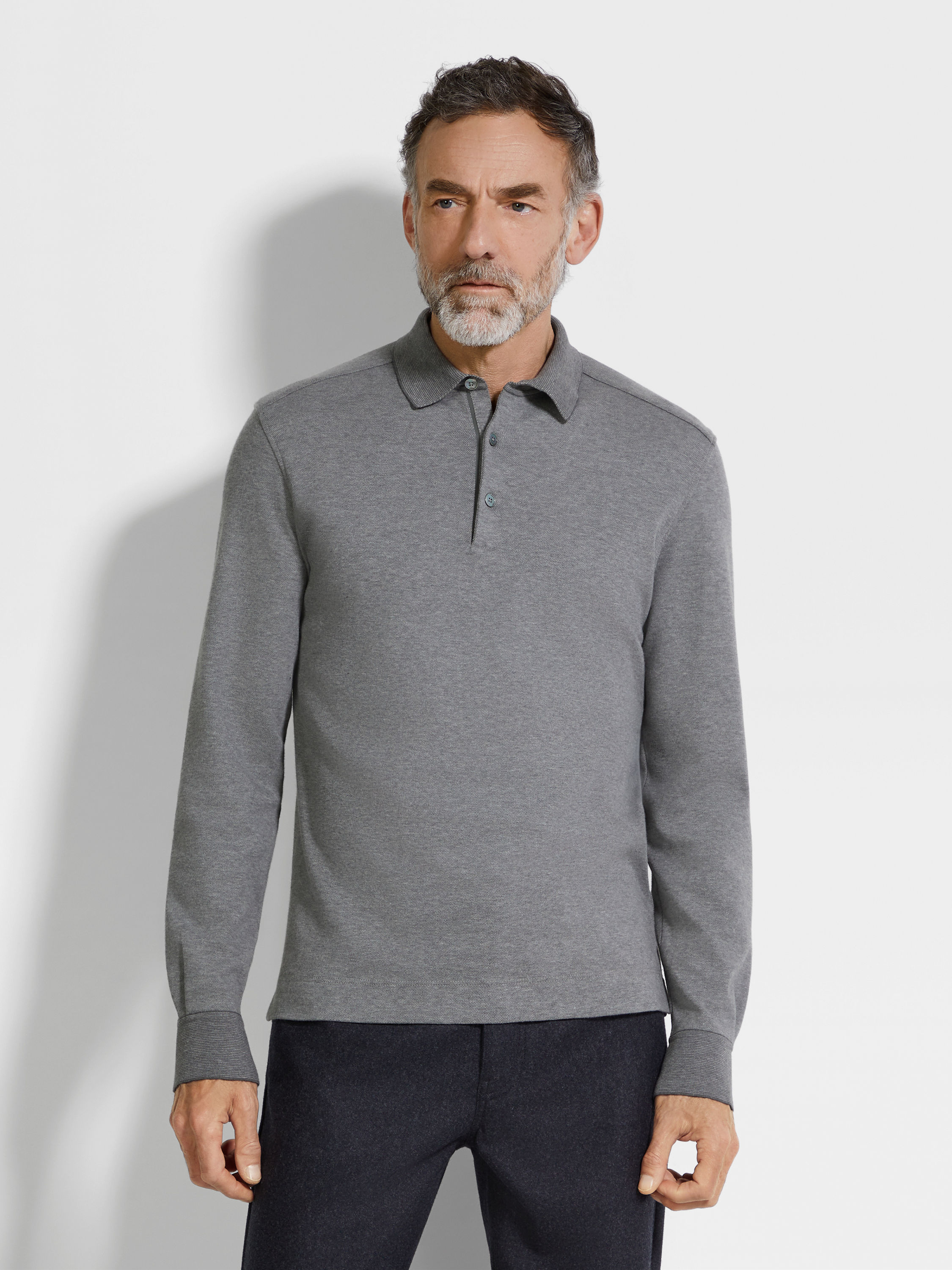 Grey Mélange Cotton Polo Shirt Product detail photo #3