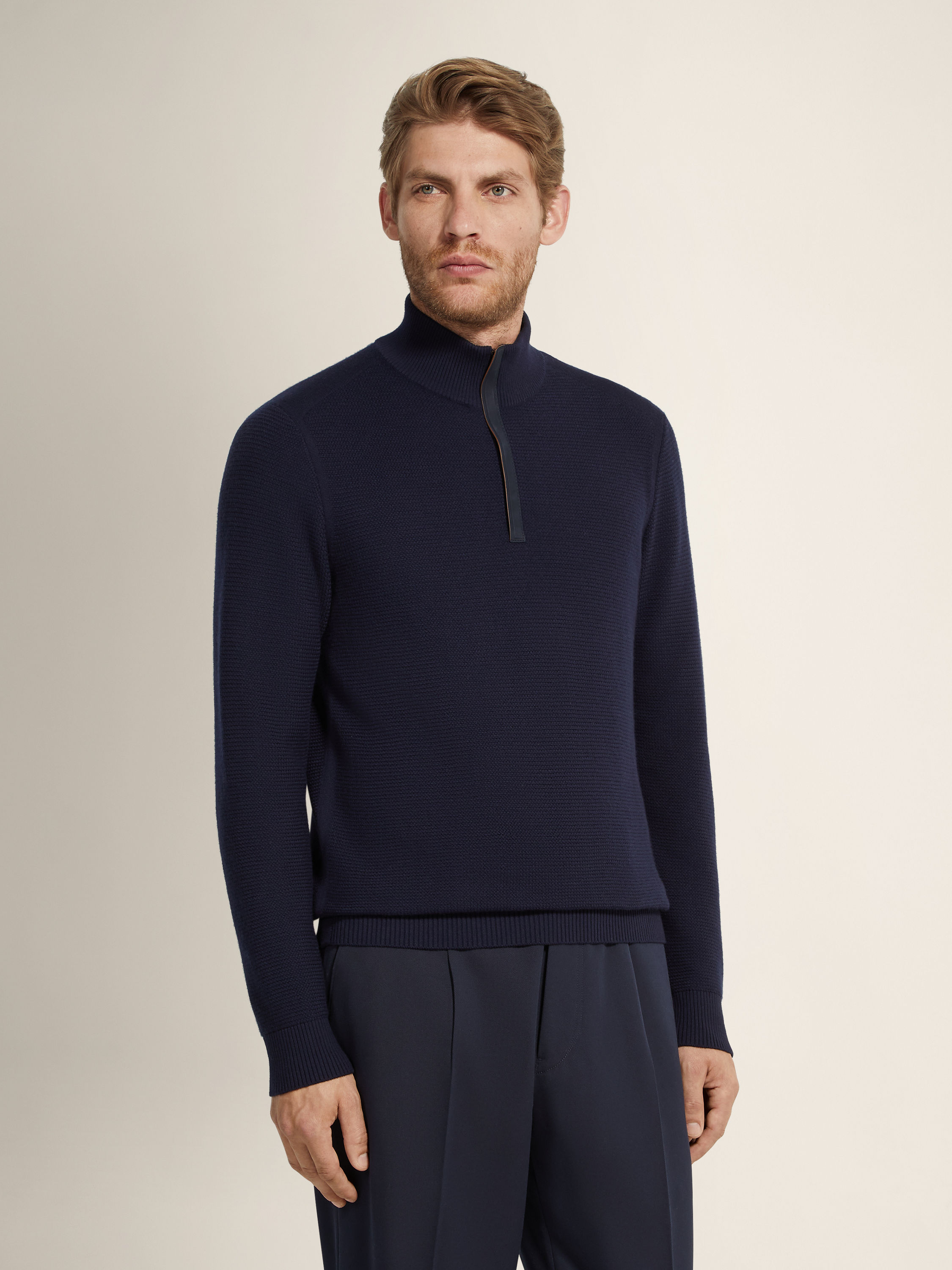 Navy Blue Vellus Aureum Zip Mock Neck Product detail photo #3