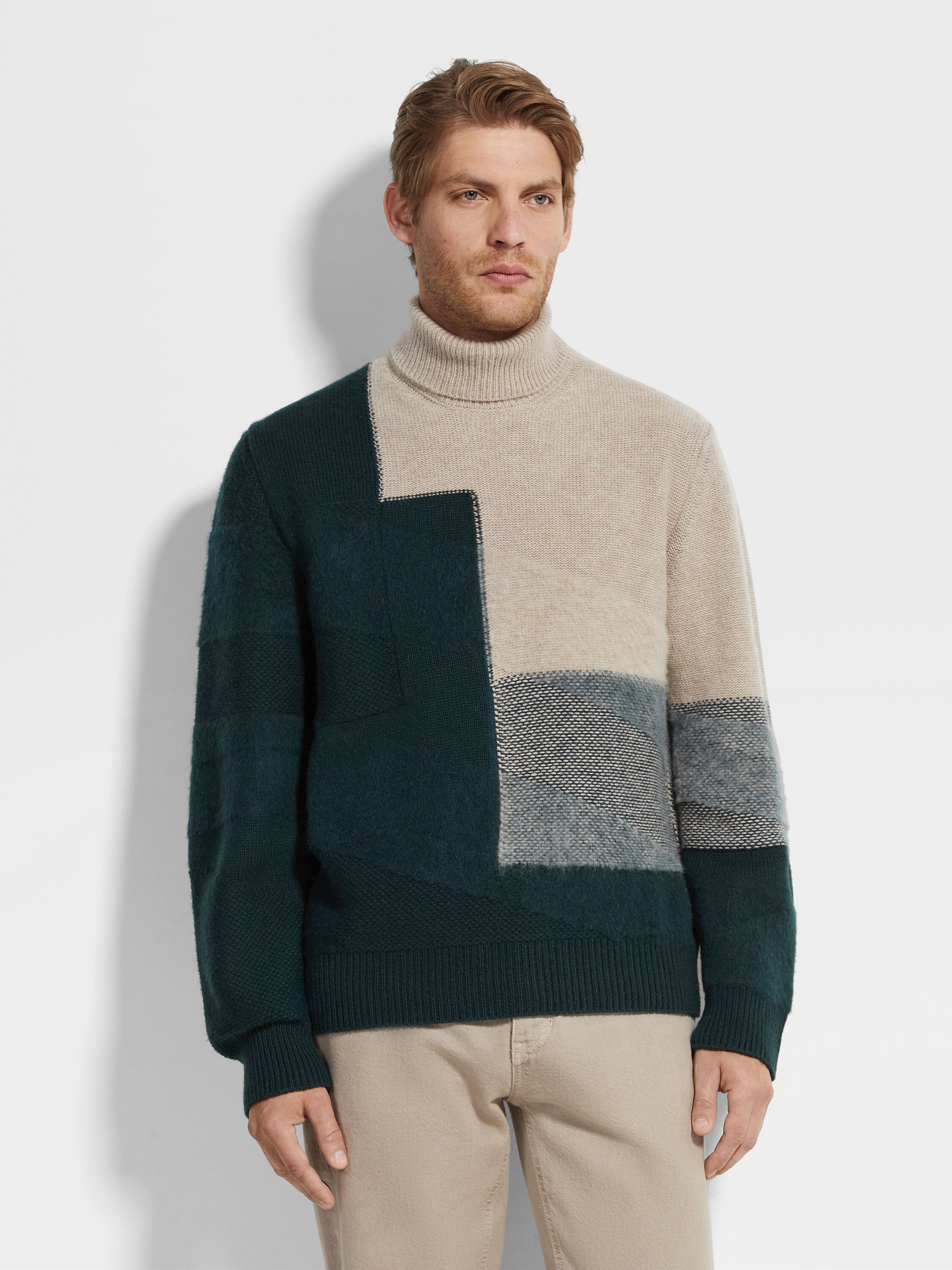 浅褐灰与深绿色羊绒马海毛高领毛衣 产品细节图 #3