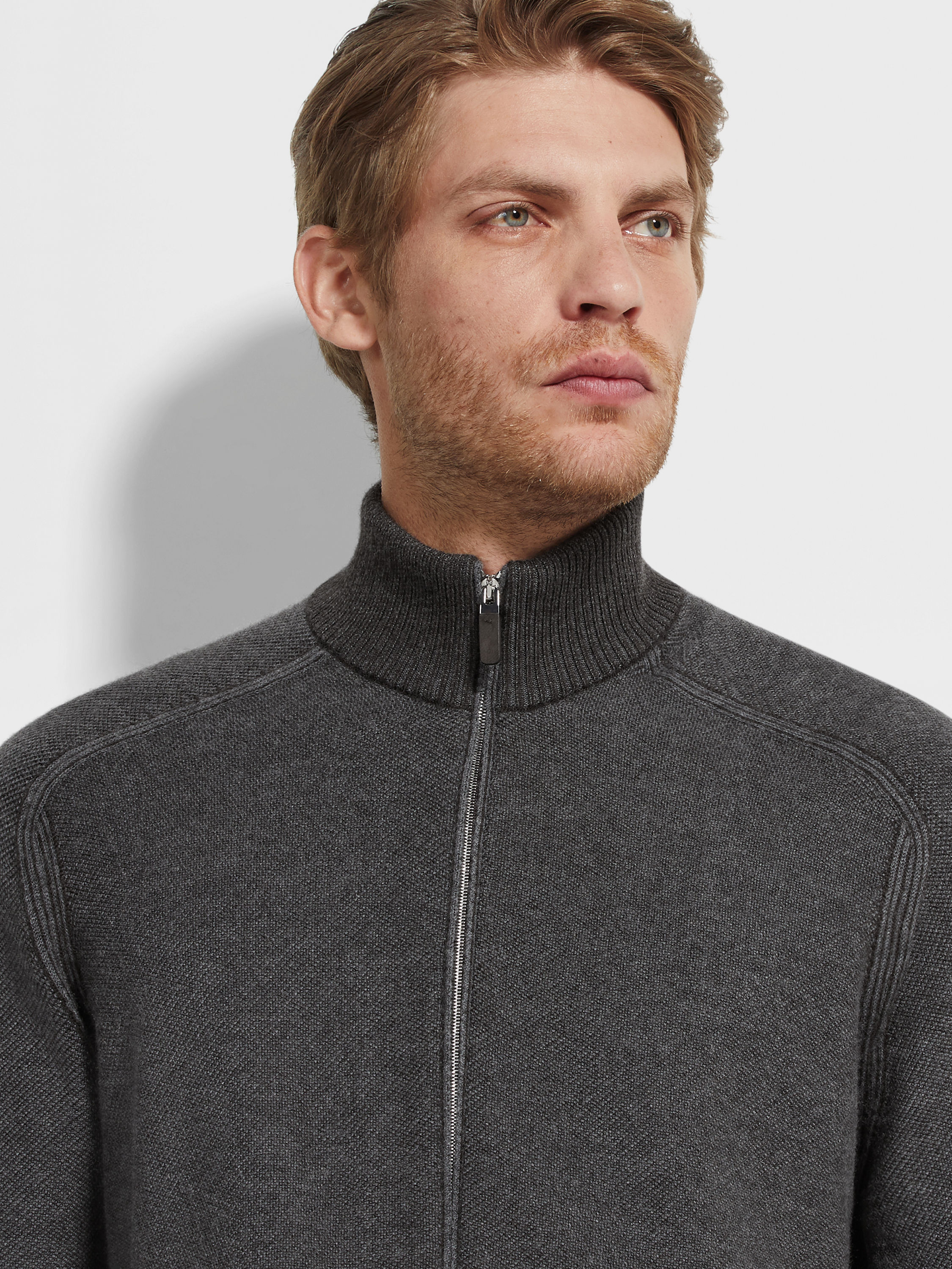 Grey and Dark Brown Cashseta Full Zip Cardigan Product detail photo #1