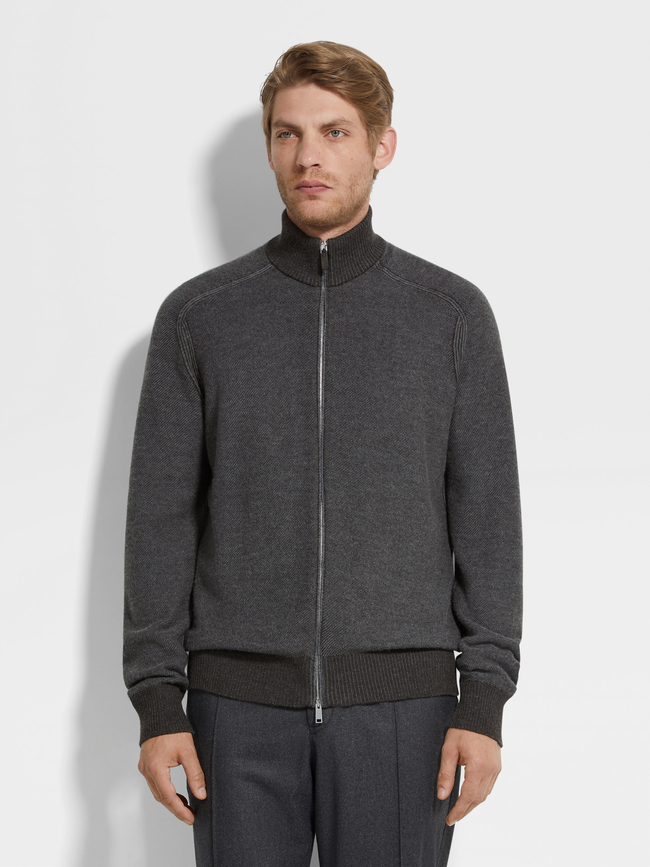 Grey and Dark Brown Cashseta Full Zip Cardigan Product detail photo #3