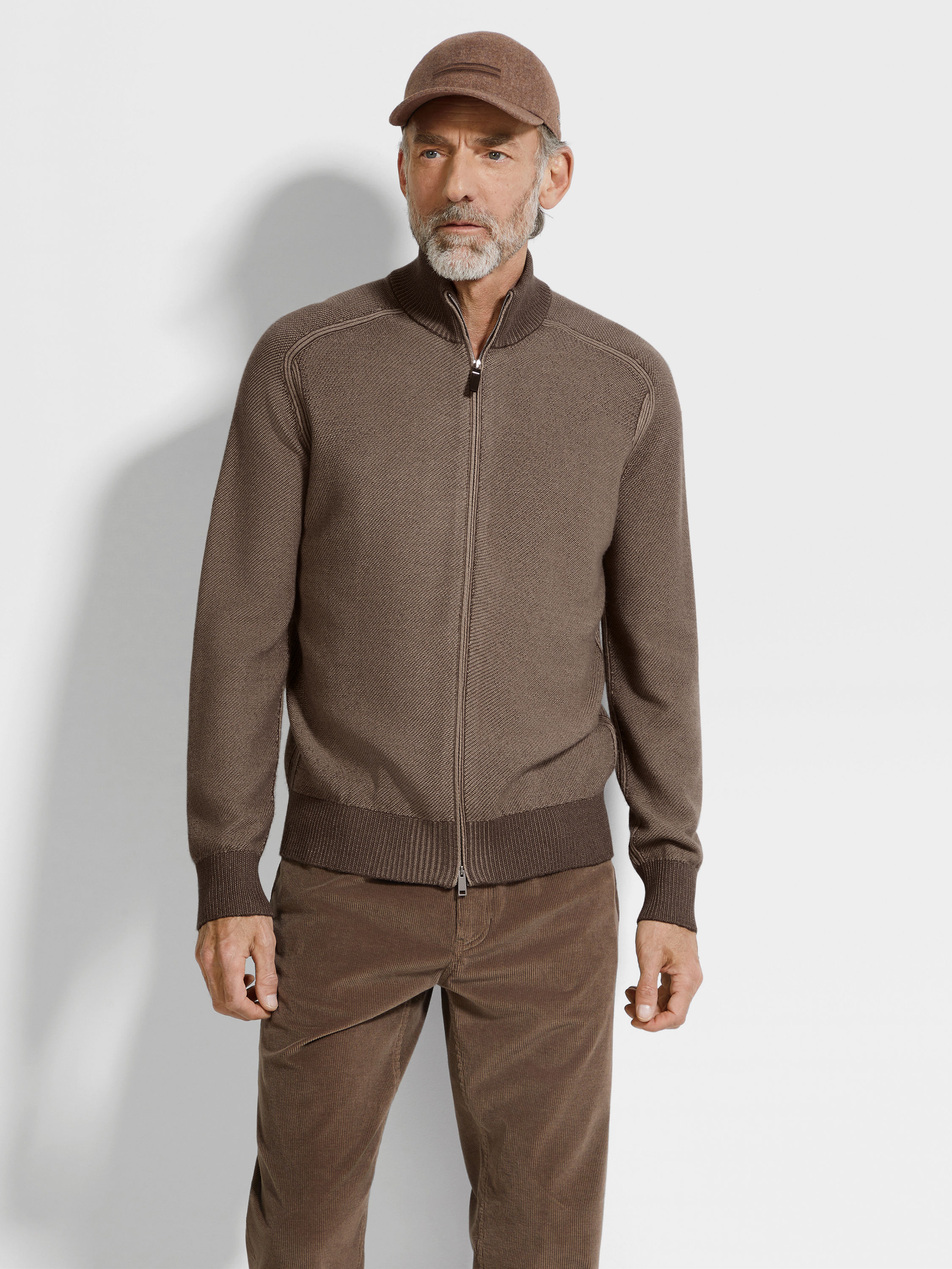 Brown and Light Taupe Cashseta Full Zip Cardigan Product detail photo #2