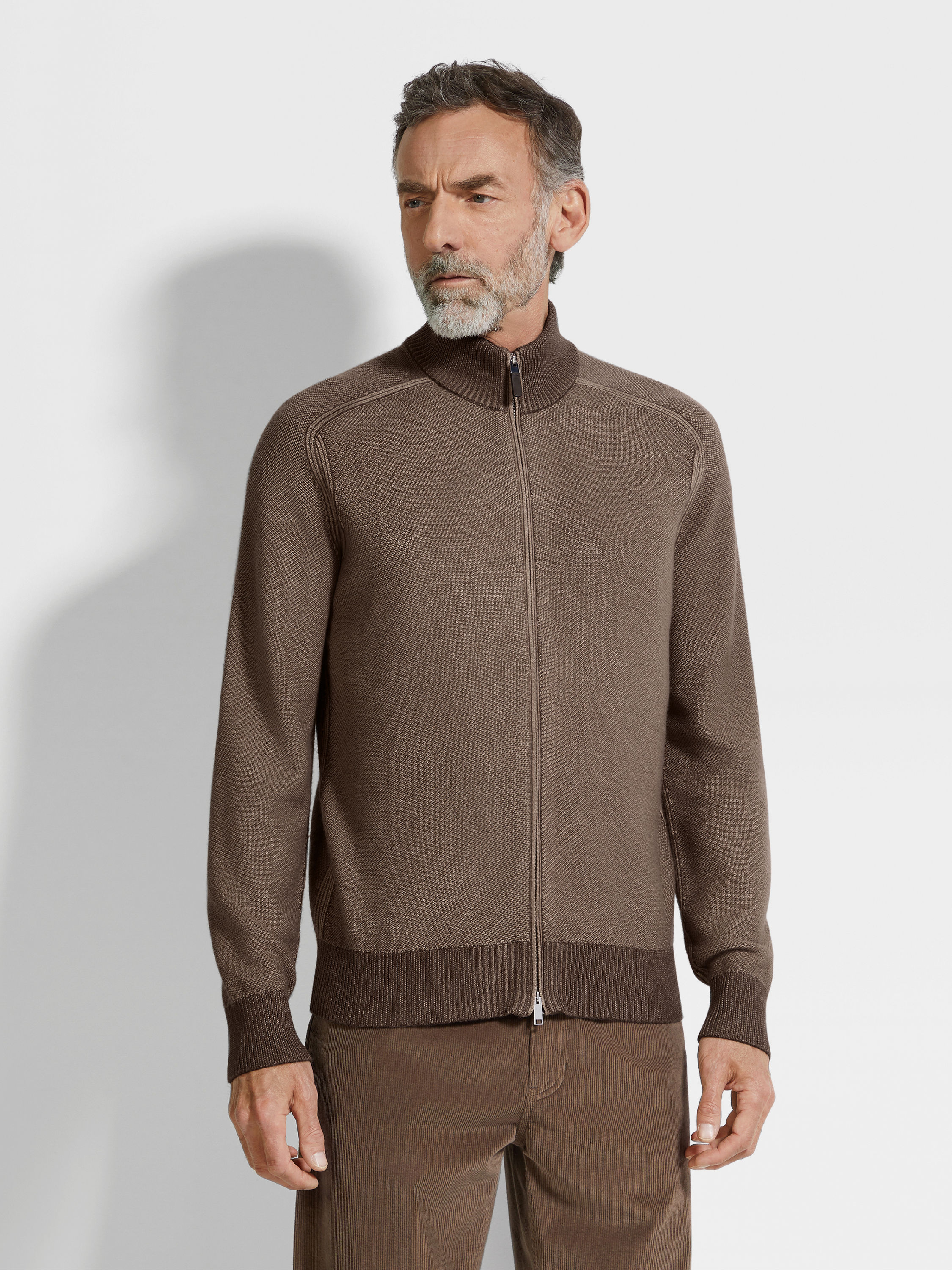 Brown and Light Taupe Cashseta Full Zip Cardigan Product detail photo #3