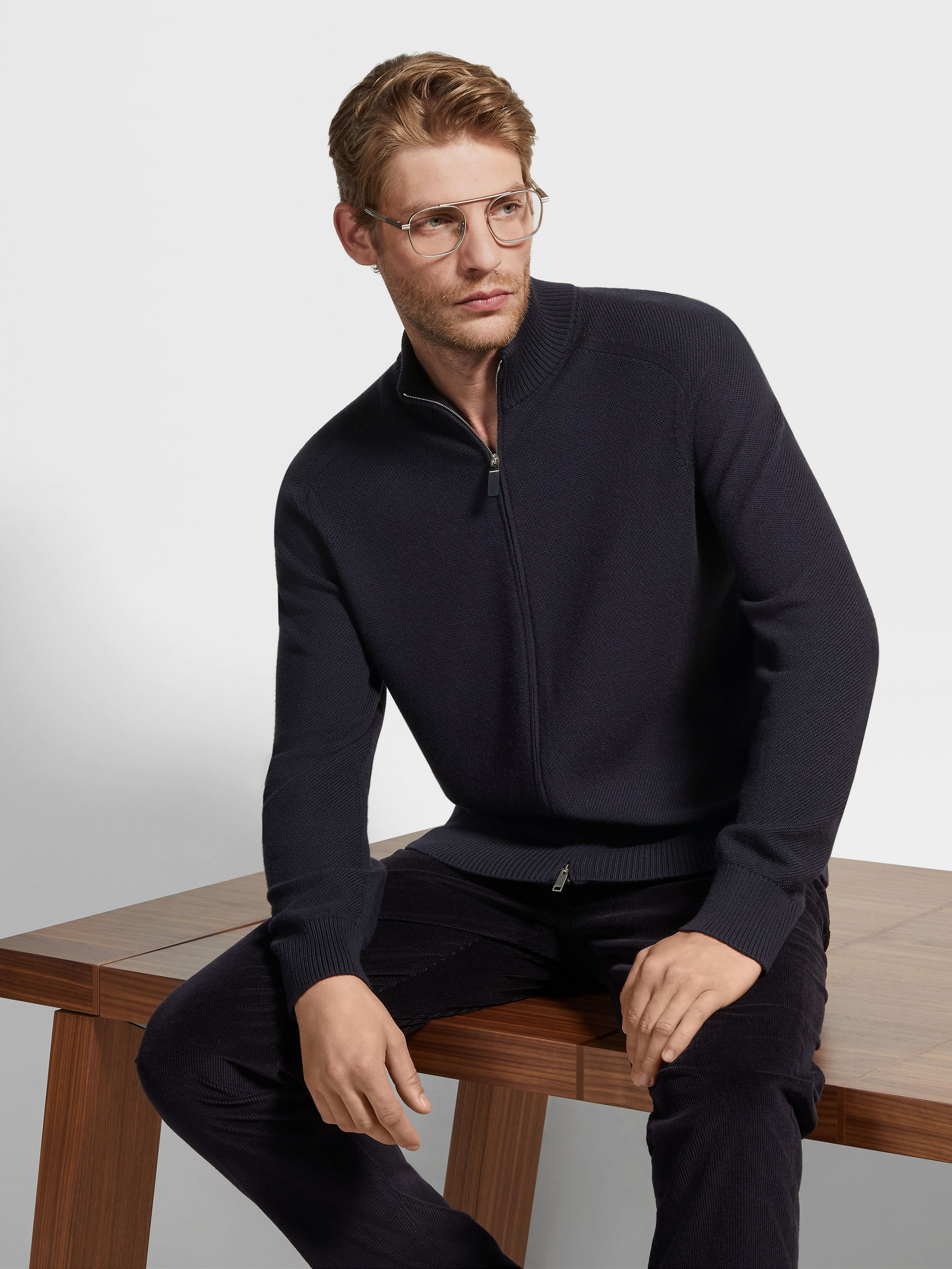 Navy Blue Mélange Cashseta Full Zip Cardigan Product detail photo #2