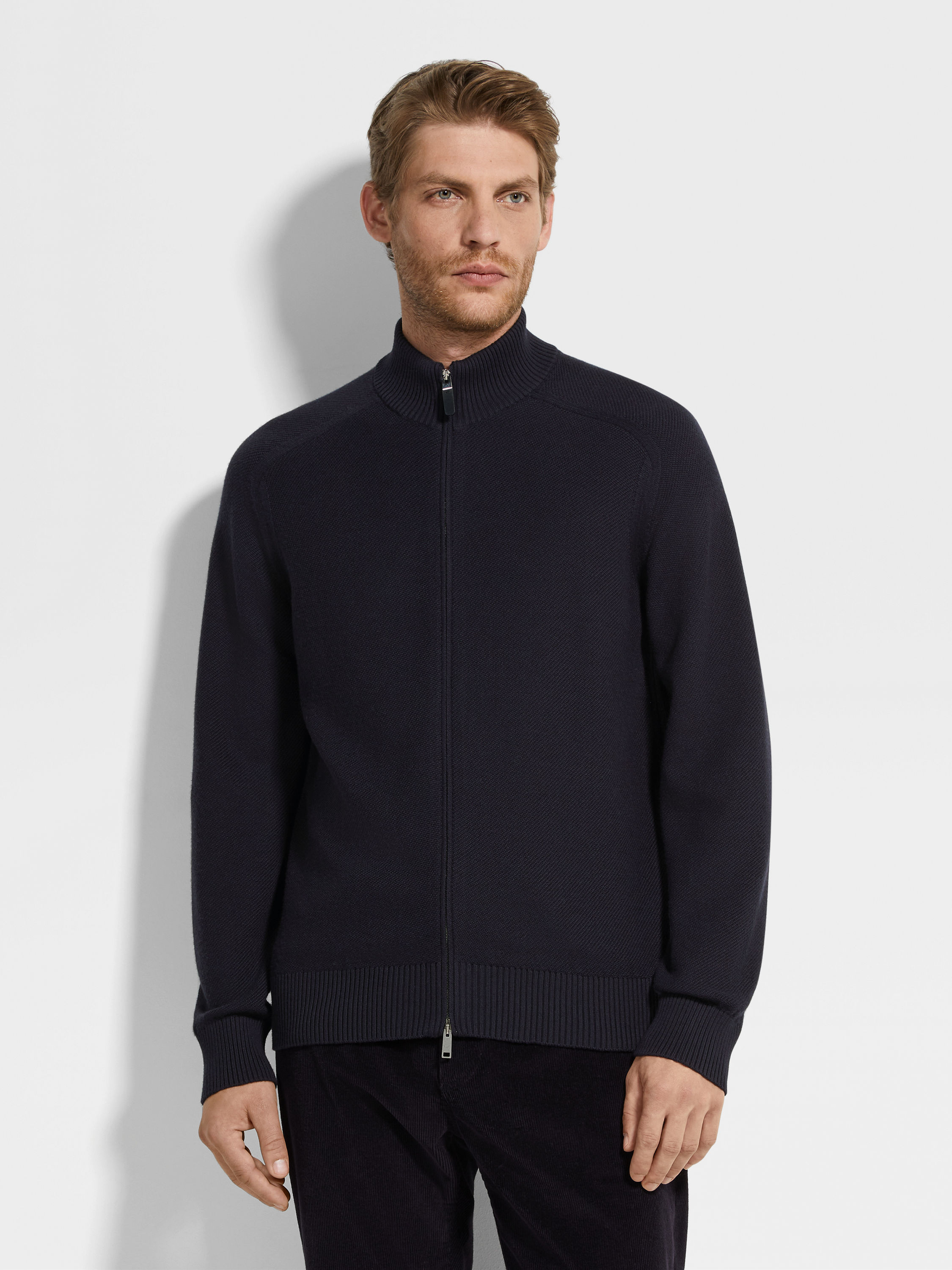 Navy Blue Mélange Cashseta Full Zip Cardigan Product detail photo #3